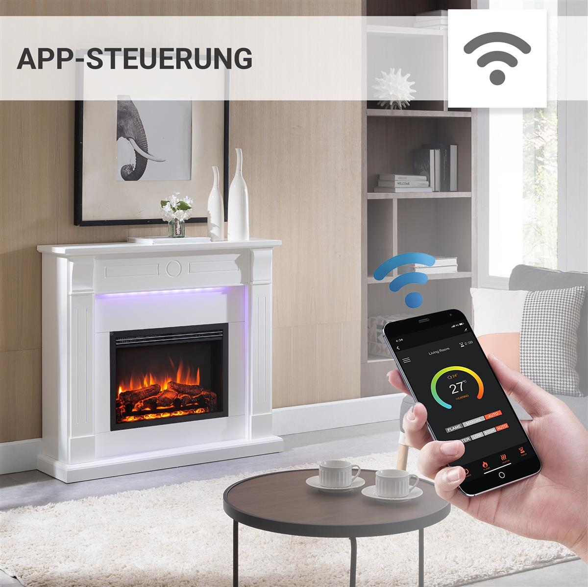 Ein weißer Kamin mit App-Steuerung und einem Smartphone in der Hand.