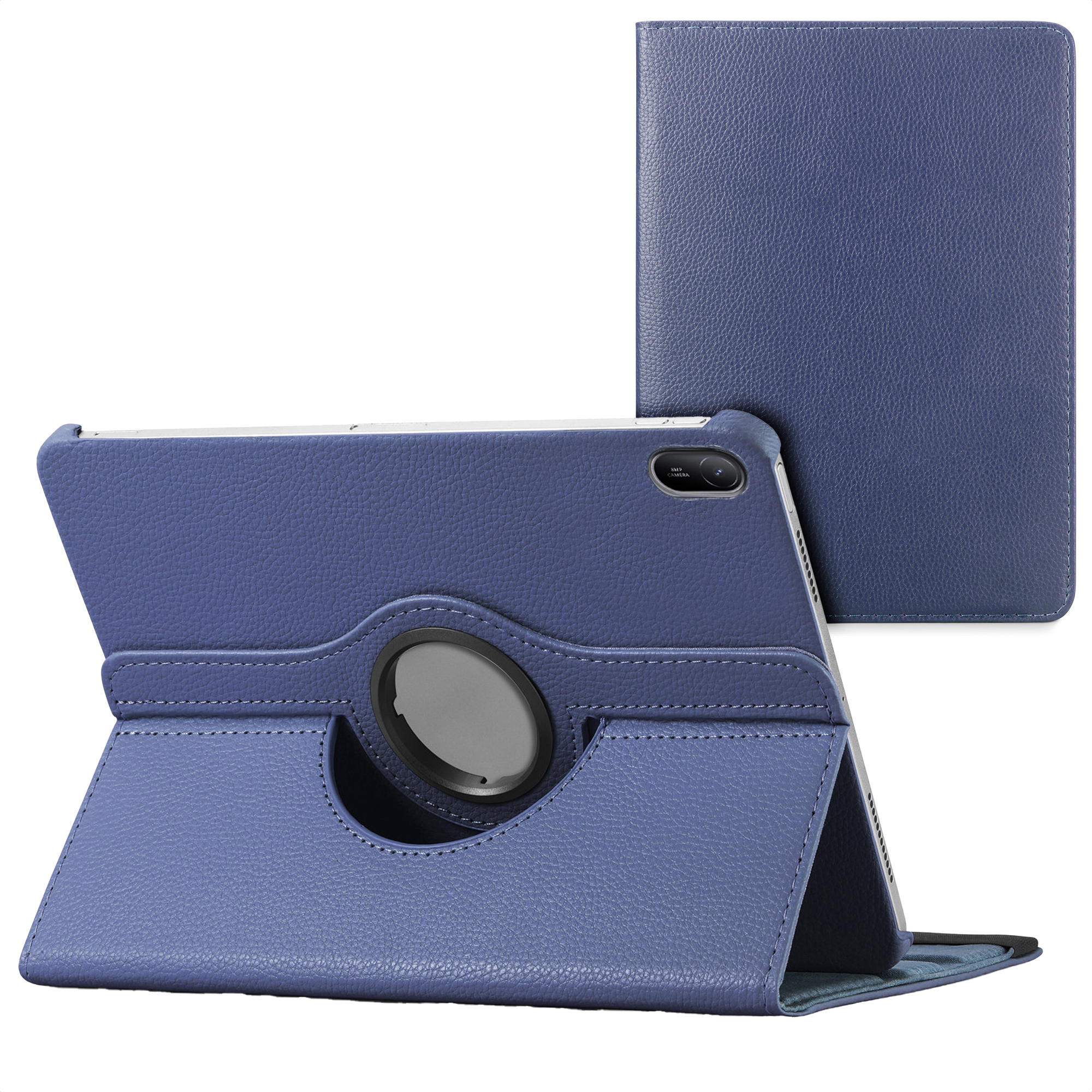 Étui bleu foncé pour tablette avec support rotatif et appareil photo.