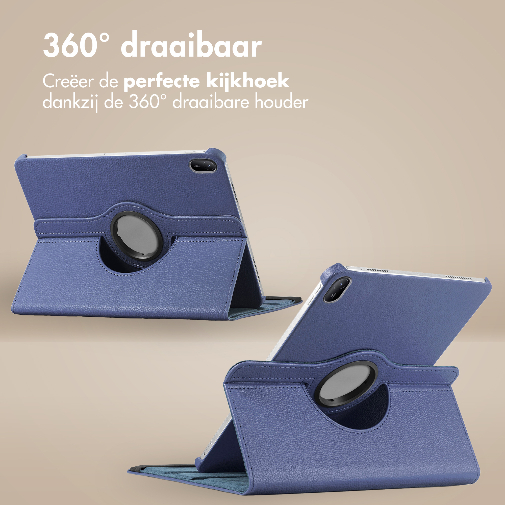 Un étui pour tablette bleu avec support rotatif à 360 degrés, présenté en usage.
