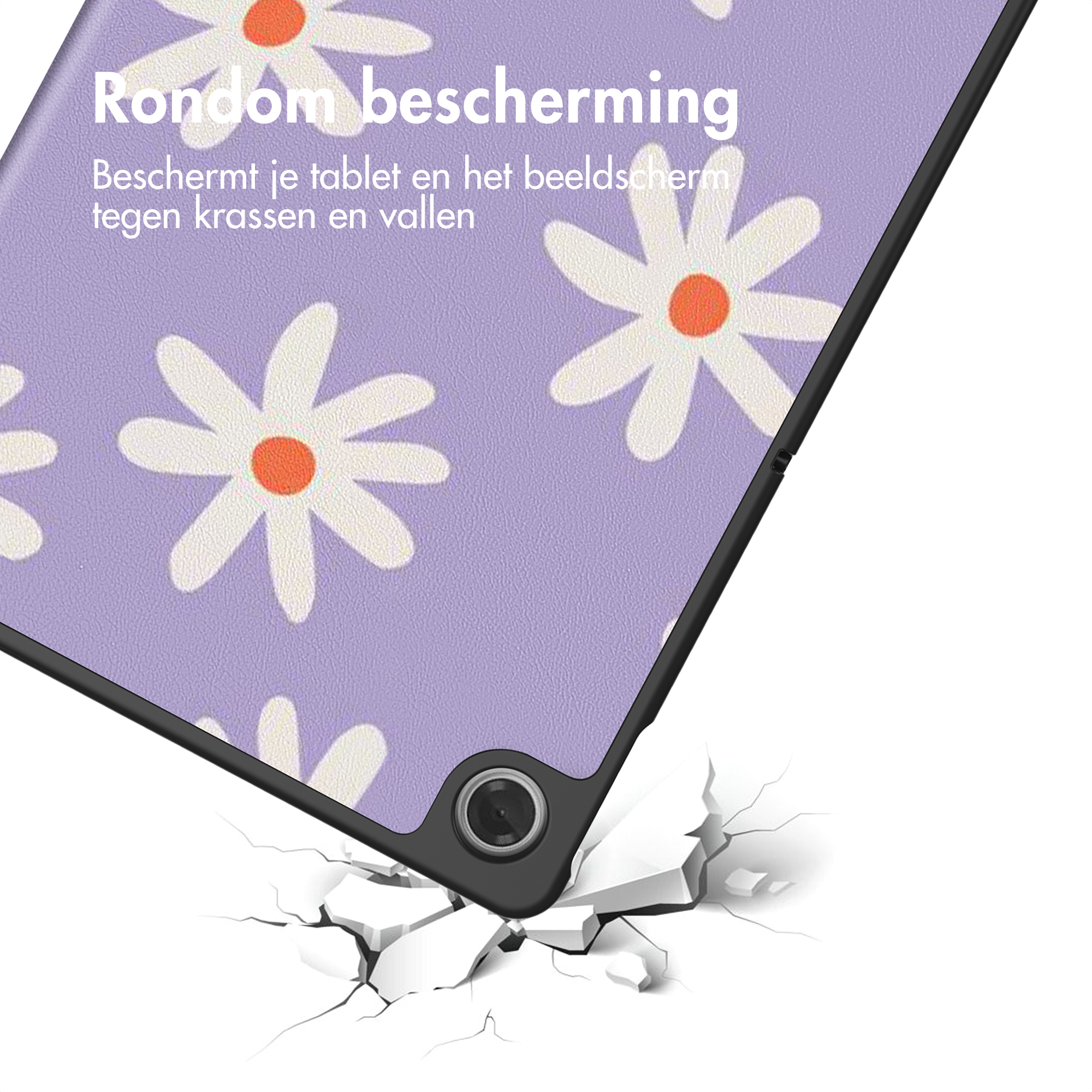Purple case with white daisy pattern, protecting a tablet.