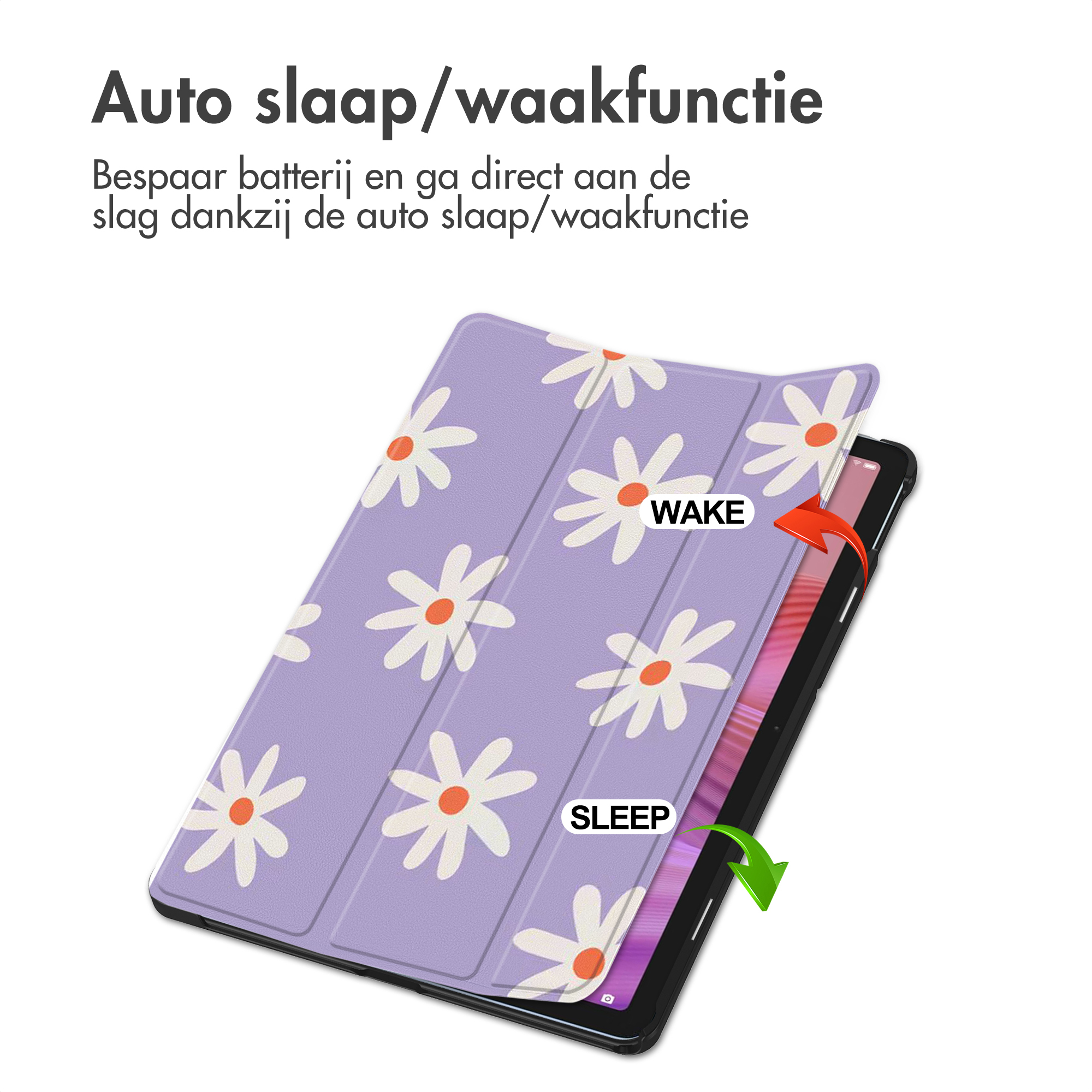 A purple tablet with a floral pattern, shown for sleep/wake function.