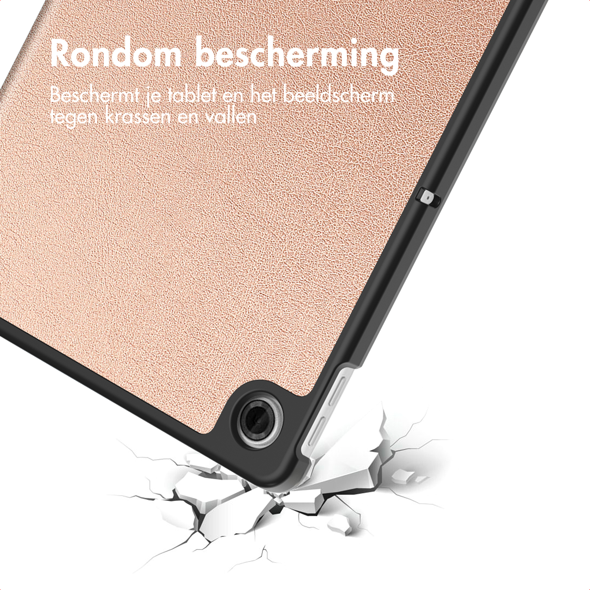 A rose gold tablet case breaks through white ground.