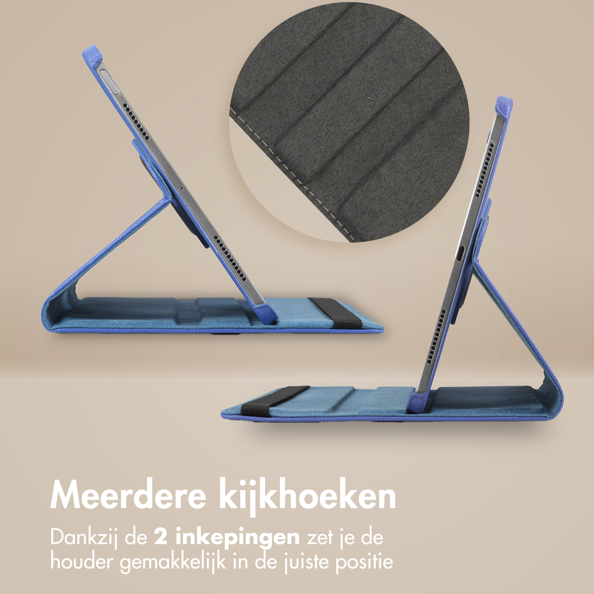 Een blauwe tablet case in twee hoeken met groeven.