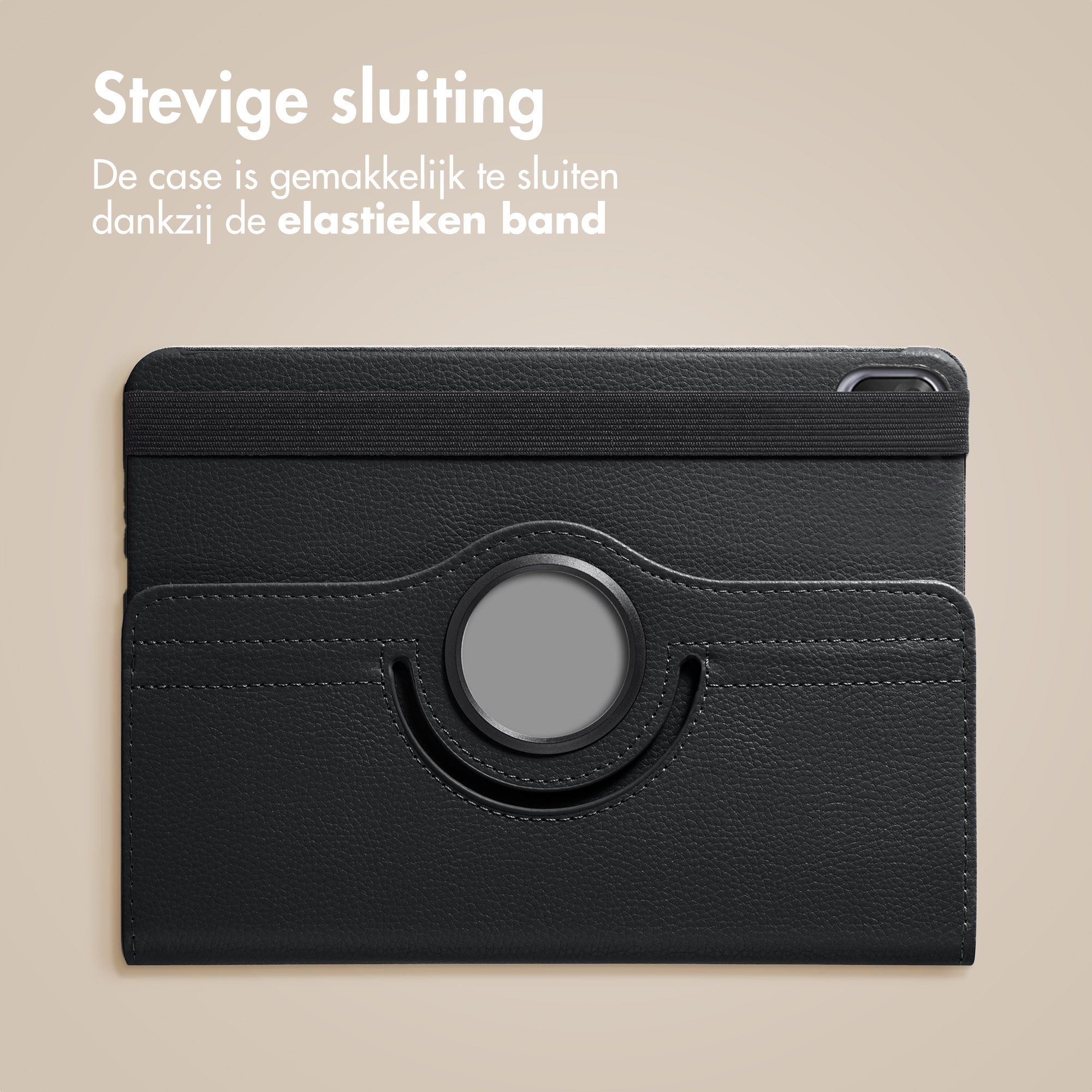 Zwarte tablethoes met elastische band bovenaan en ronde uitsparing.