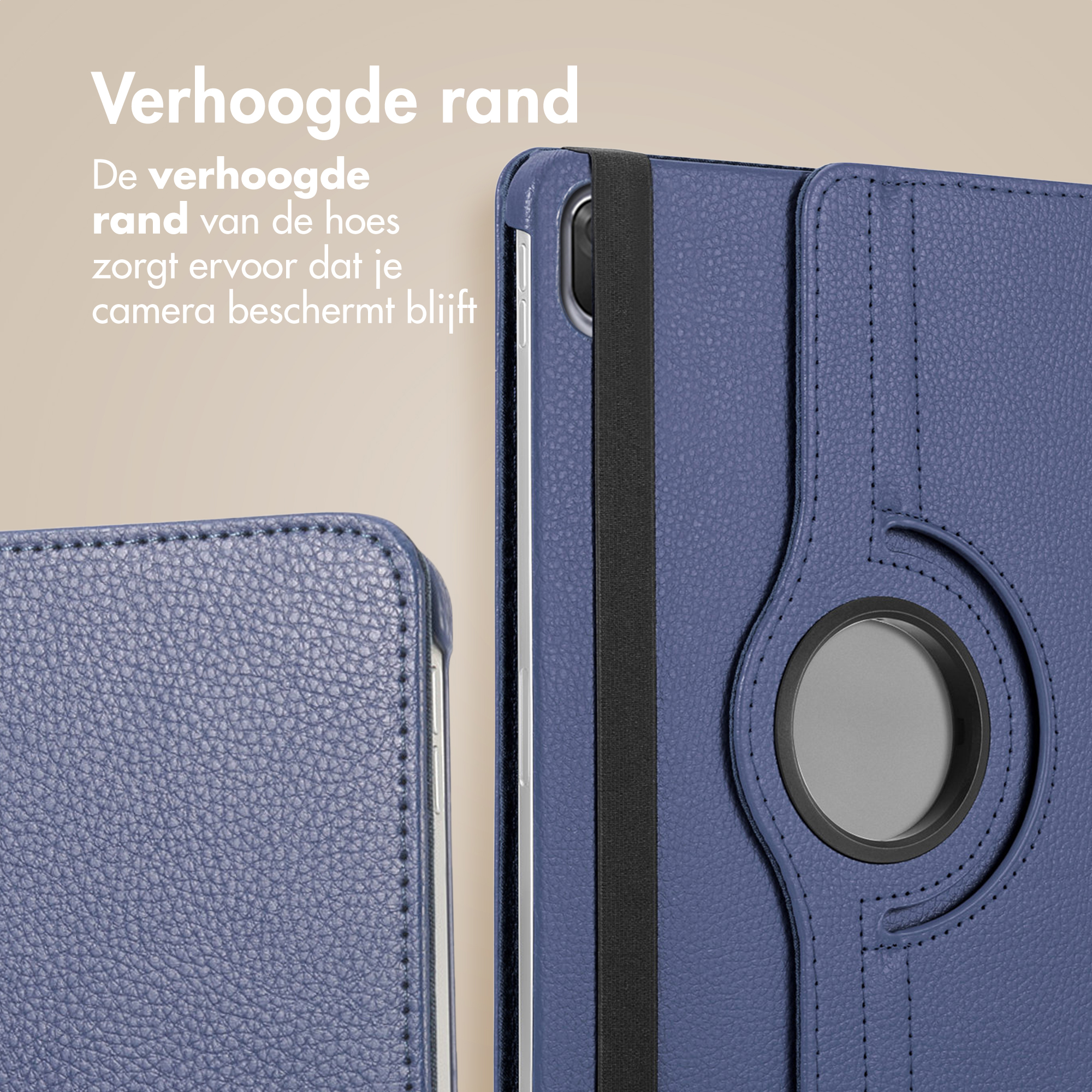 Blauwe tablethoes met verhoogde rand en elastische band.