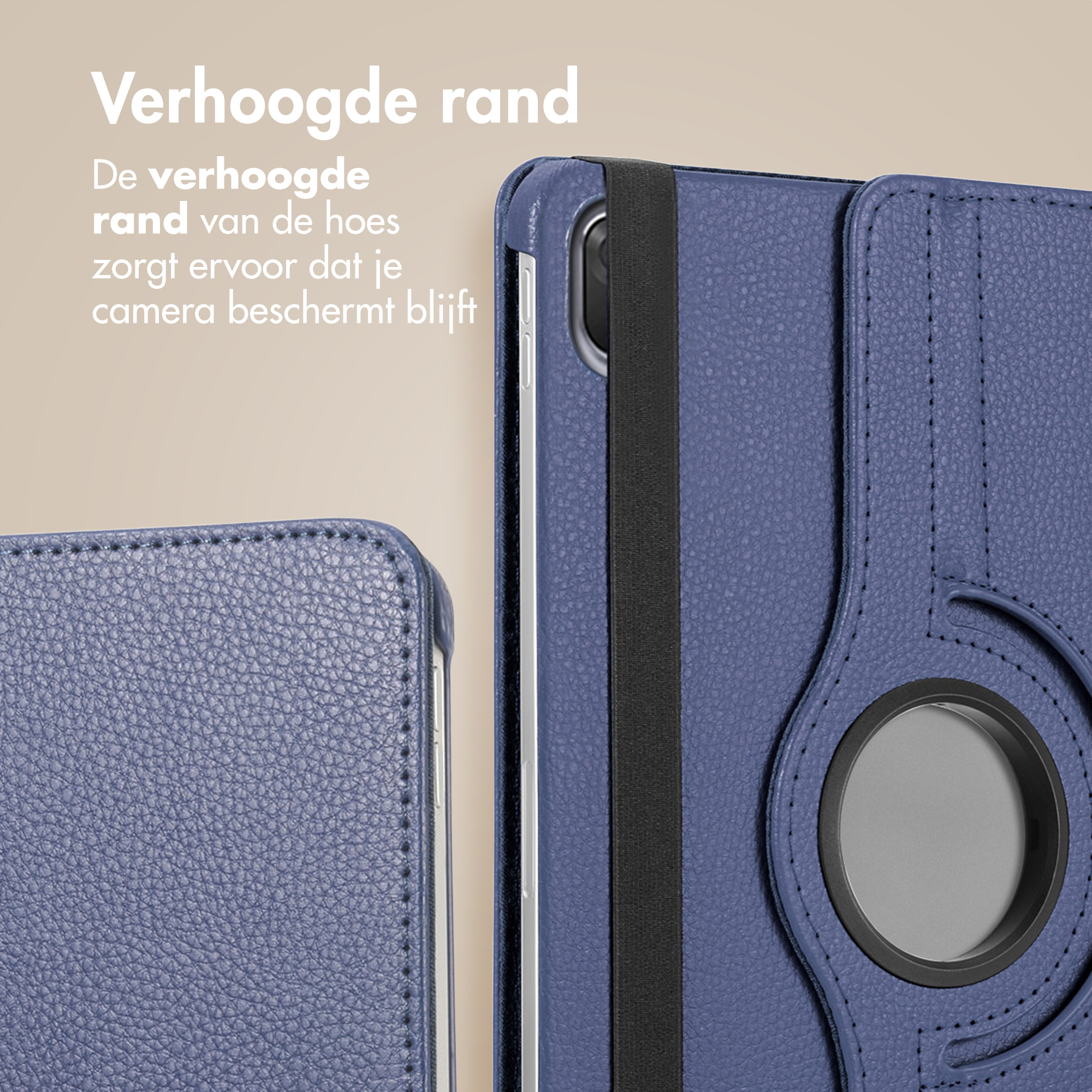 Blauwe tablethoes met verhoogde rand en elastische band.