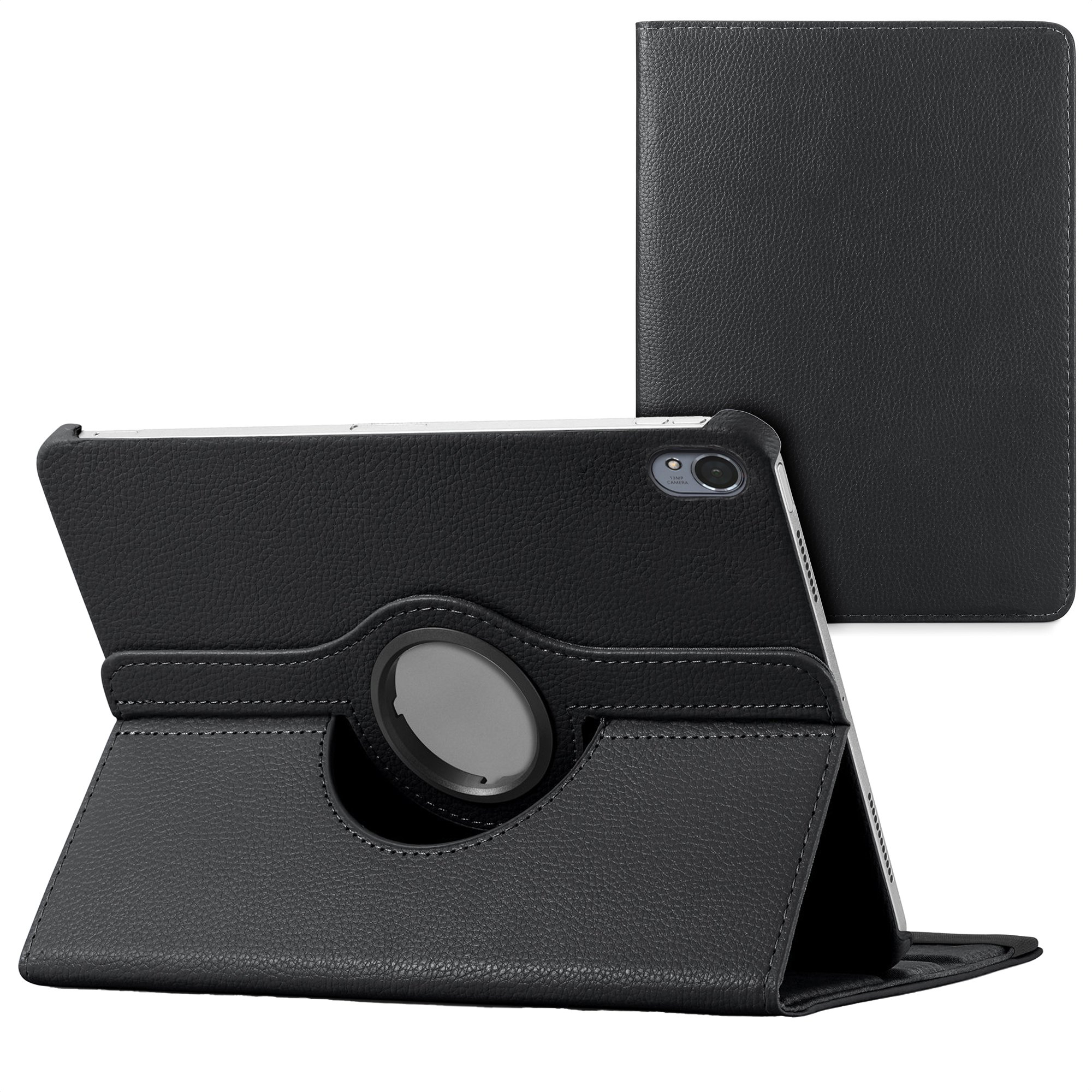 Zwarte tablet in hoes, rechtopstaand in standaardpositie.