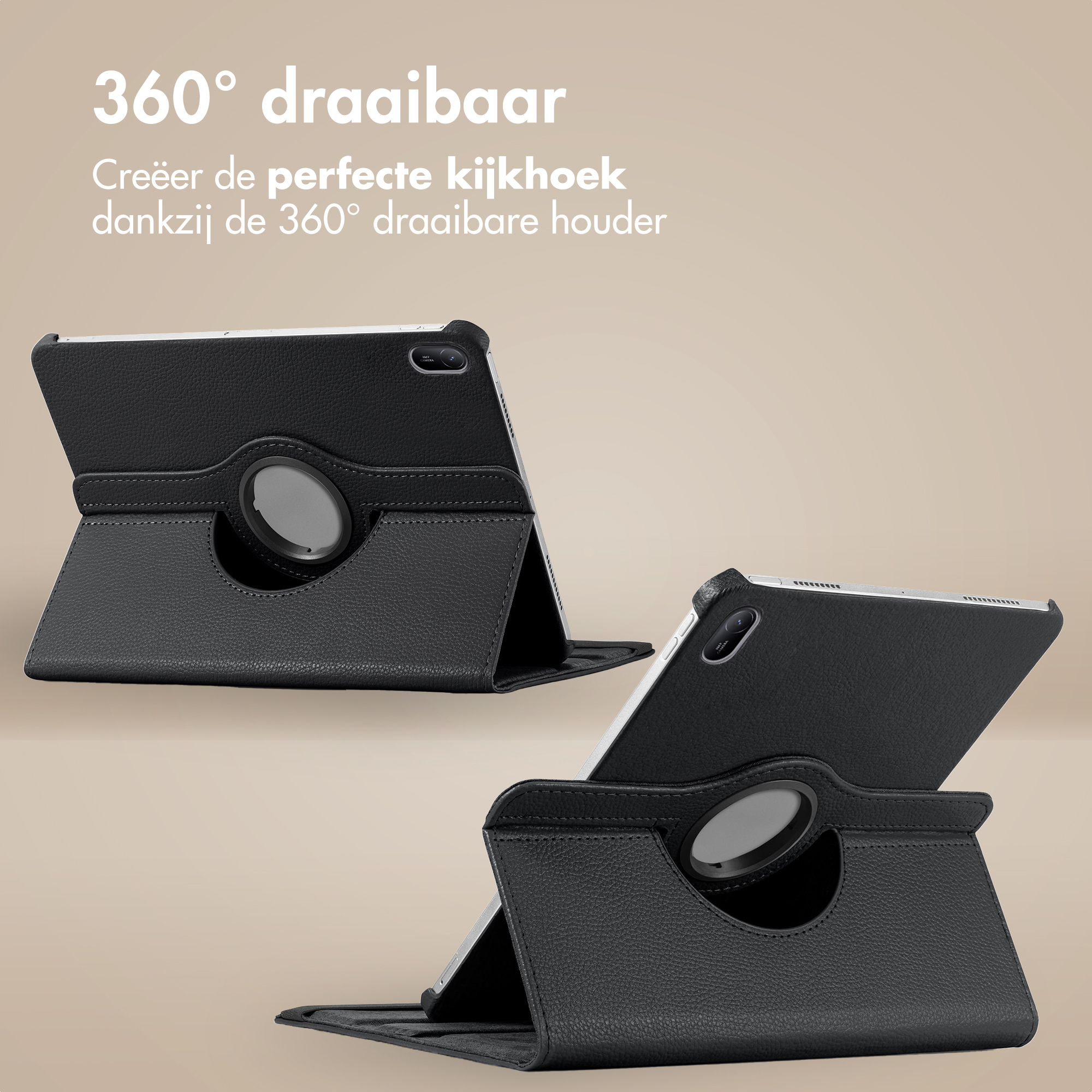 Deux étuis noirs pour tablette avec support rotatif sur fond clair.