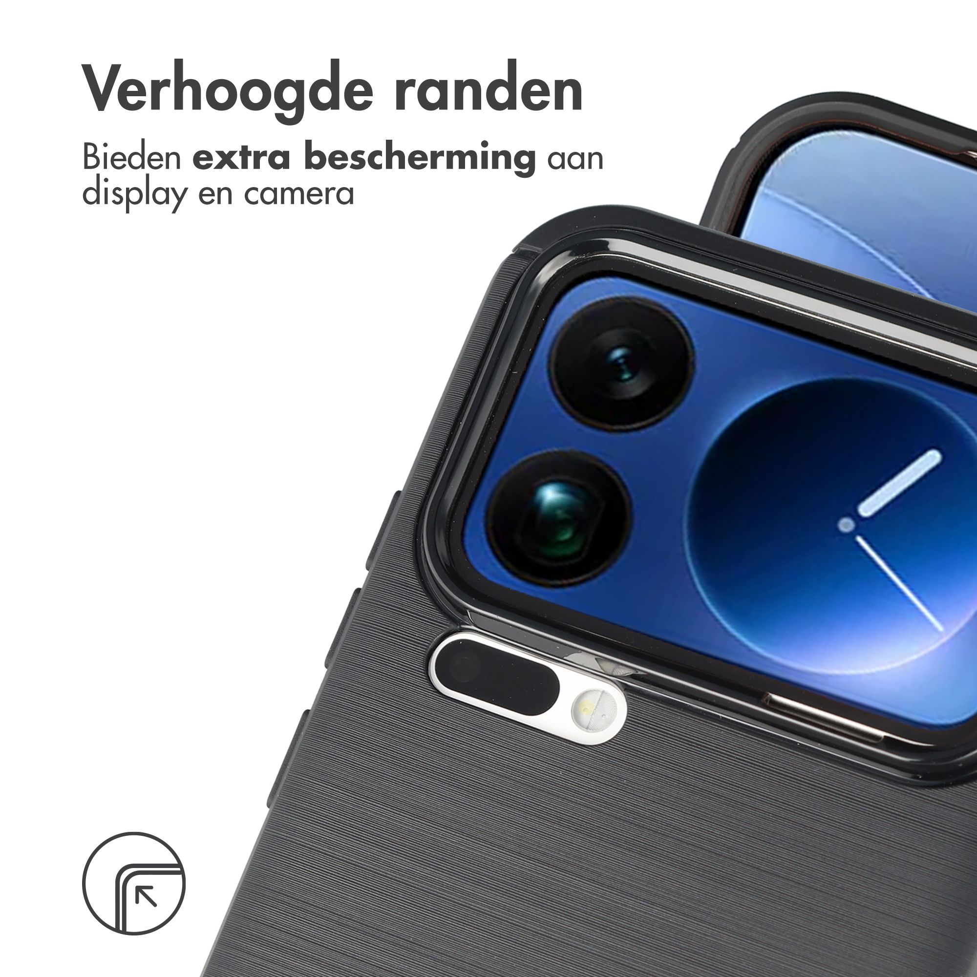 Zwarte telefoonhoes met verhoogde randen voor scherm- en camerabescherming.