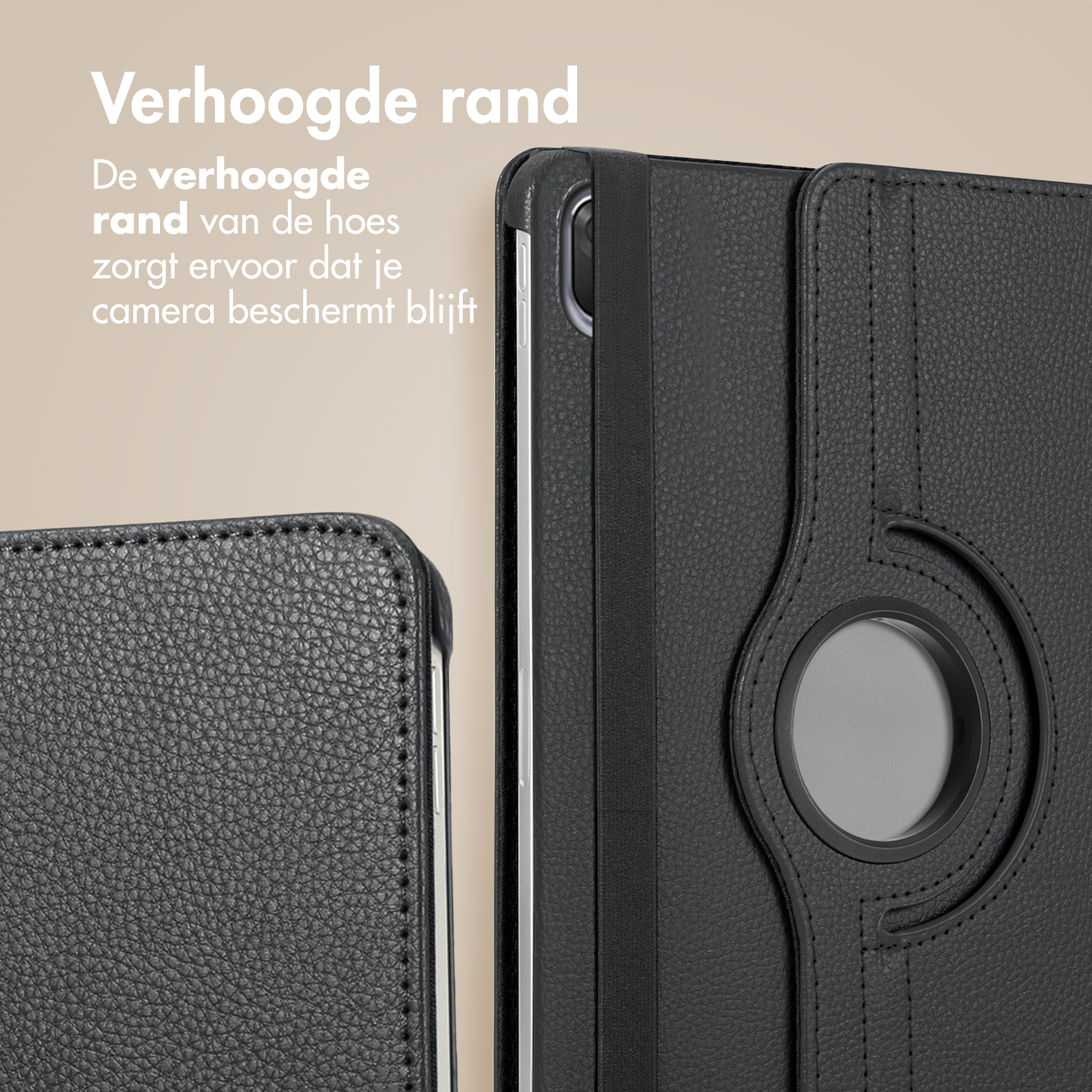 Zwarte tablethoes met verhoogde rand ter bescherming van de camera.