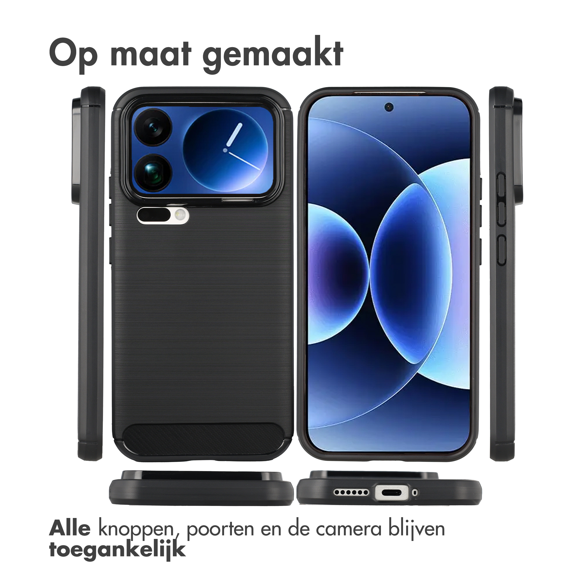 Zwarte telefoonhoes vanuit meerdere hoeken met een smartphone.
