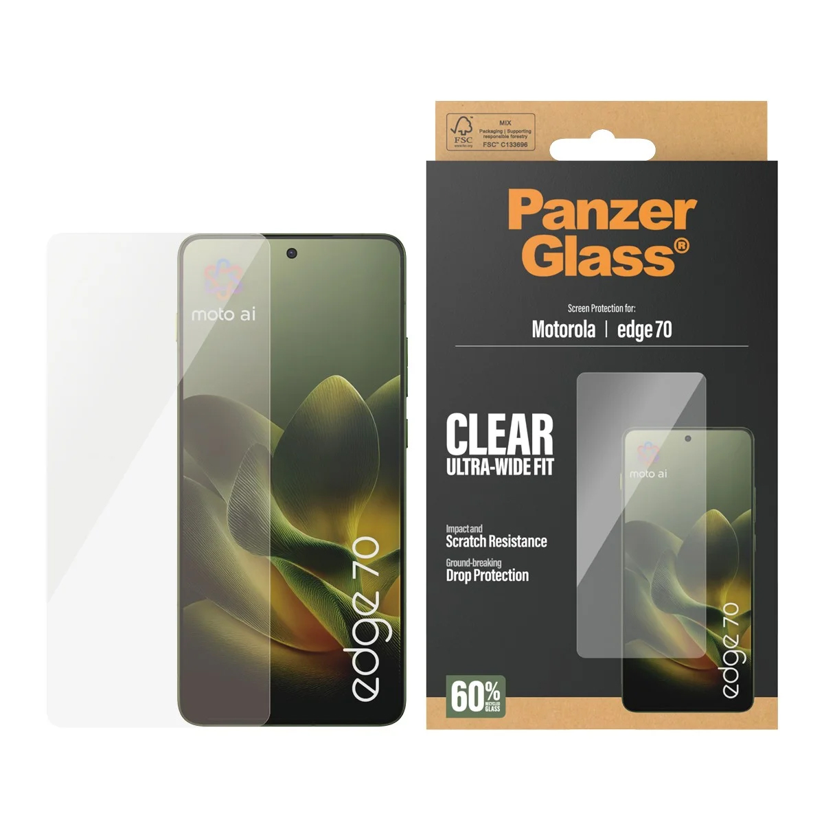 Protection d'écran Panzer Glass pour Motorola Edge 70, claire, ajustement large.