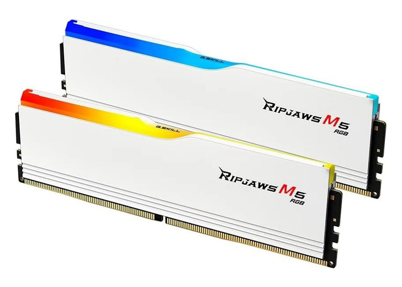 Dwa białe moduły RAM z niebieskim i żółto/czerwonym podświetleniem RGB.