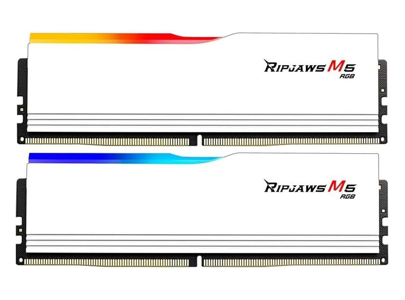 Dwa białe moduły RAM RGB z czerwono-żółtym i niebieskim paskiem.