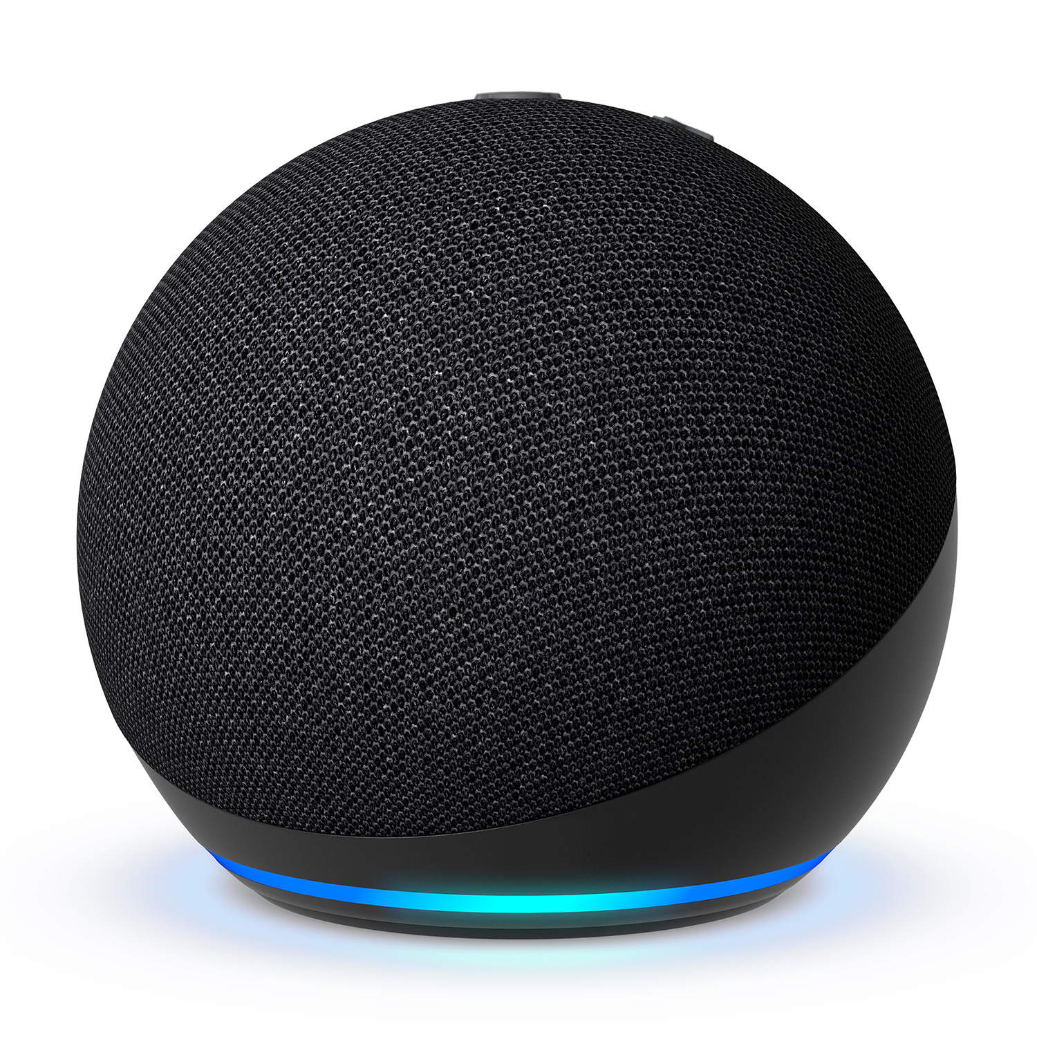 Uno smart speaker sferico nero con luce blu alla base.