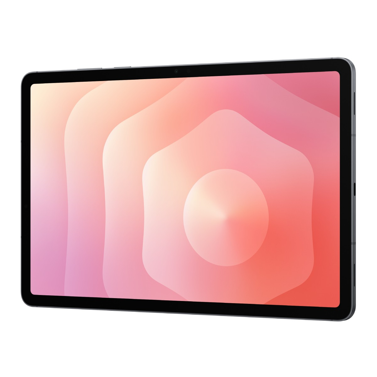 Un tablet che mostra uno sfondo colorato con forme astratte rosa e arancioni.
