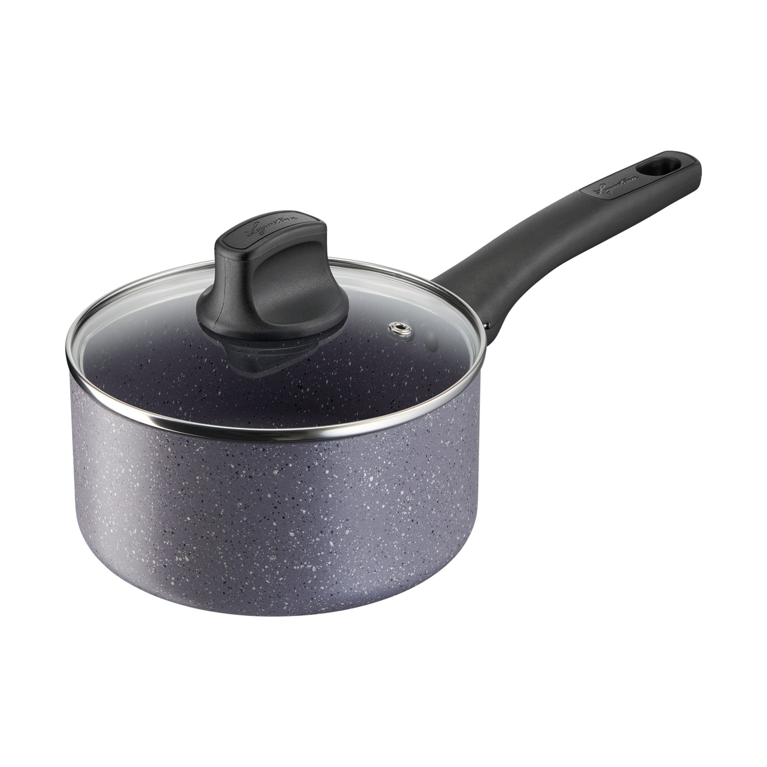 Olla gris moteada con mango negro y tapa de cristal.