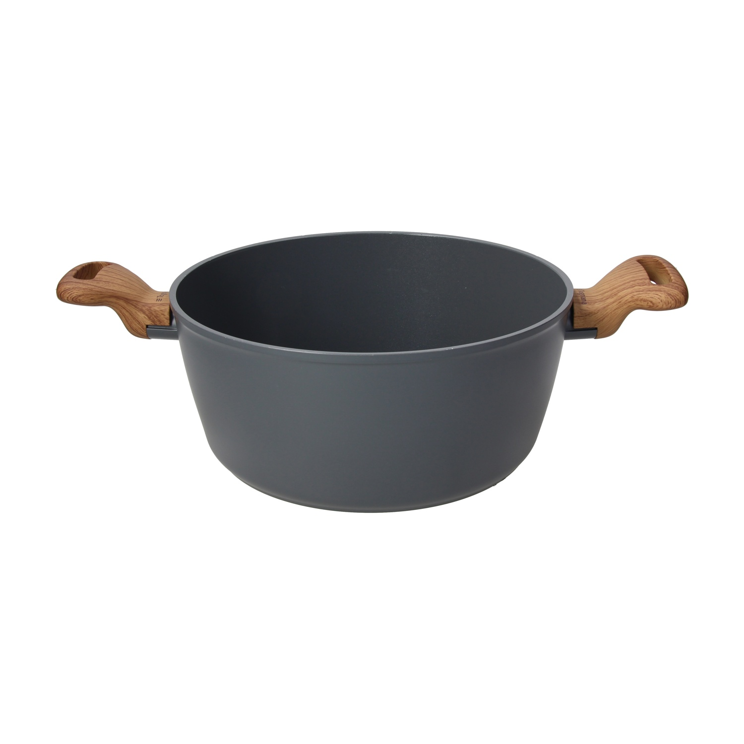 Olla gris con asas de madera, sobre fondo blanco.