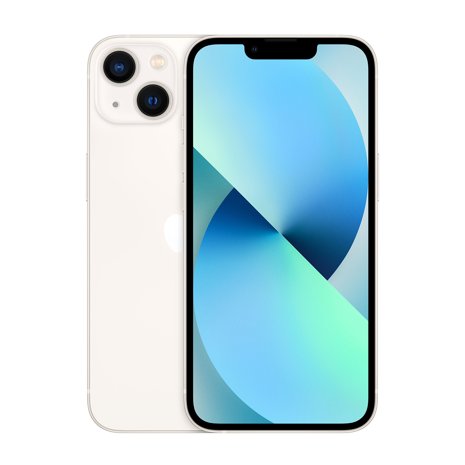 Un iPhone 13 bianco con doppia fotocamera posteriore e sfondo blu-verde.