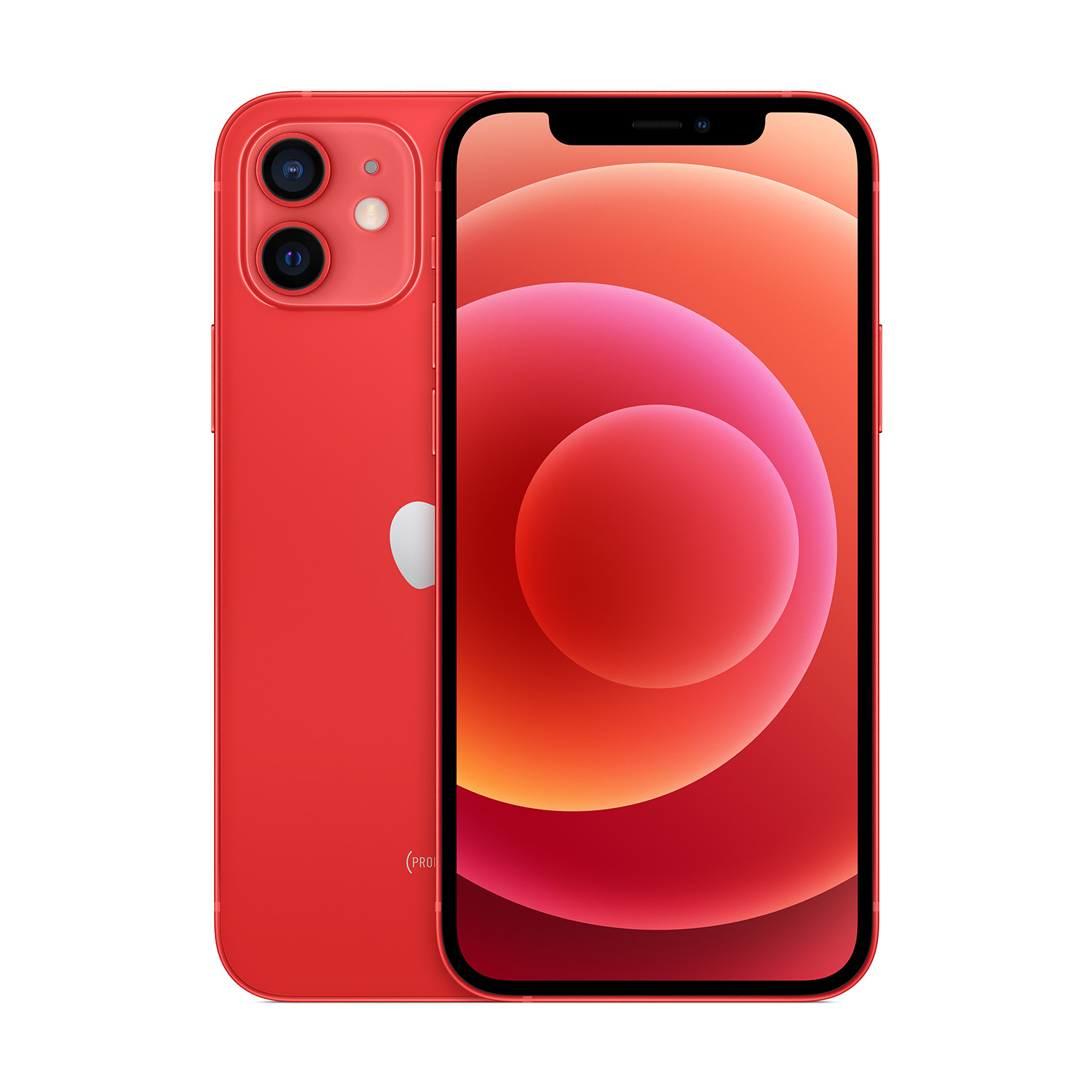 iPhone rosso con doppio obiettivo, fronte con sfondo astratto.