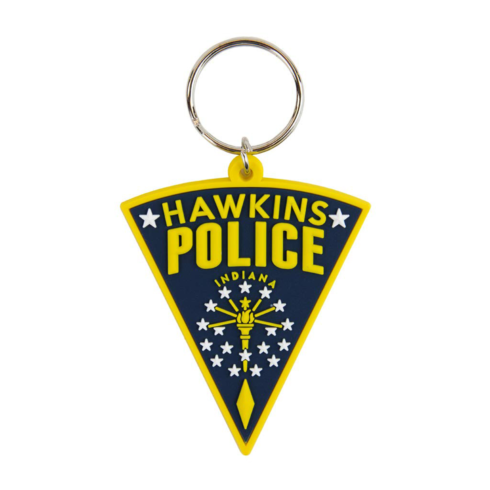 Porte-clés Hawkins Police avec badge bleu, bordure jaune et étoiles.