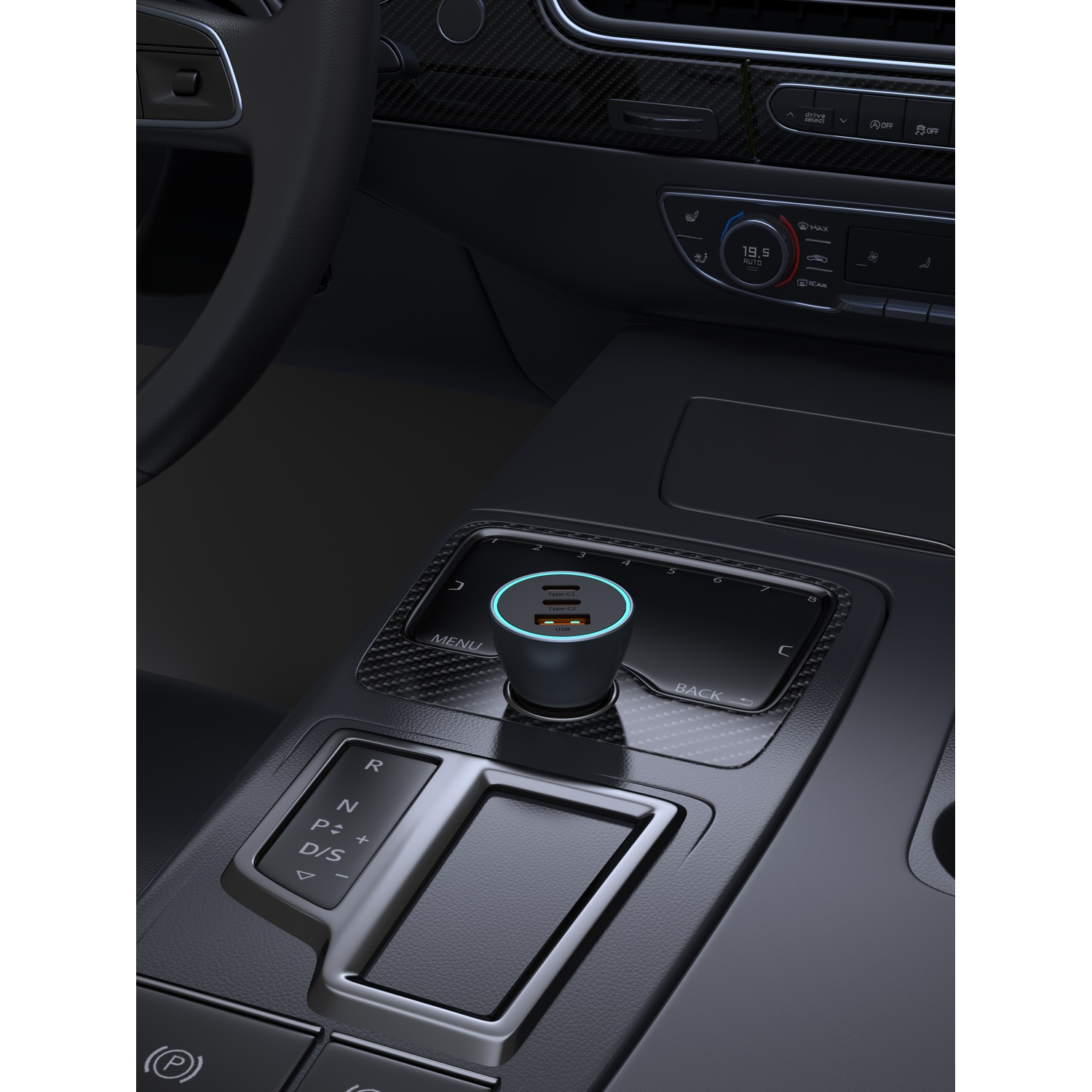 Un caricabatterie per auto con più porte USB nella console centrale.