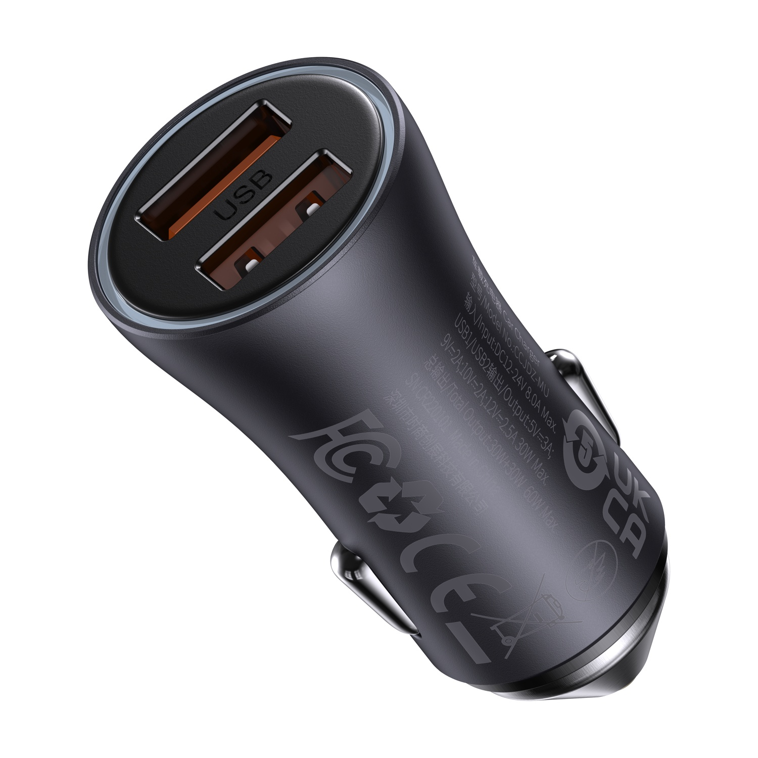 Caricatore auto USB duale nero con loghi FC e UK CA.