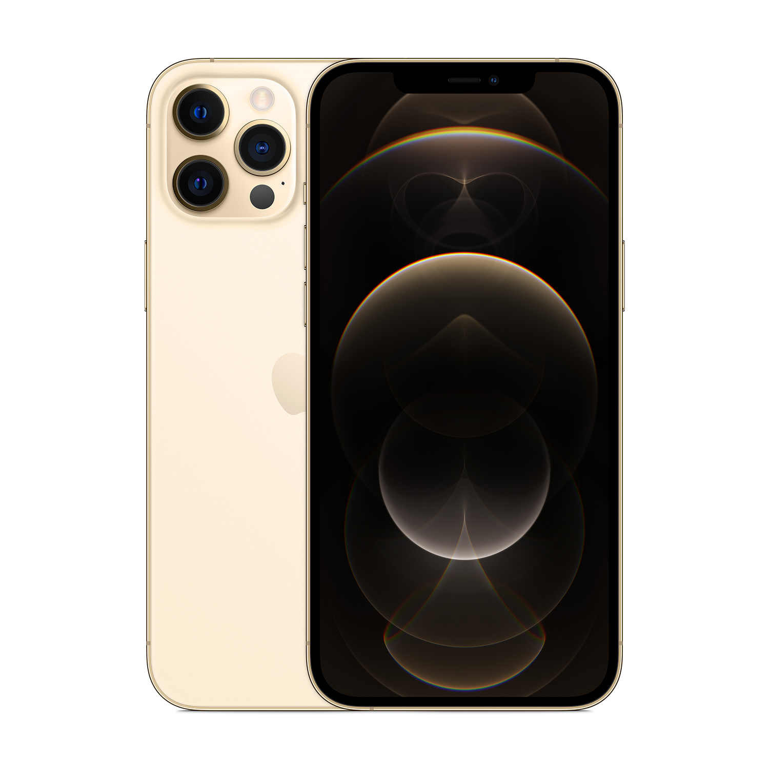 iPhone dorato con tre fotocamere posteriori e schermo scuro su sfondo bianco.