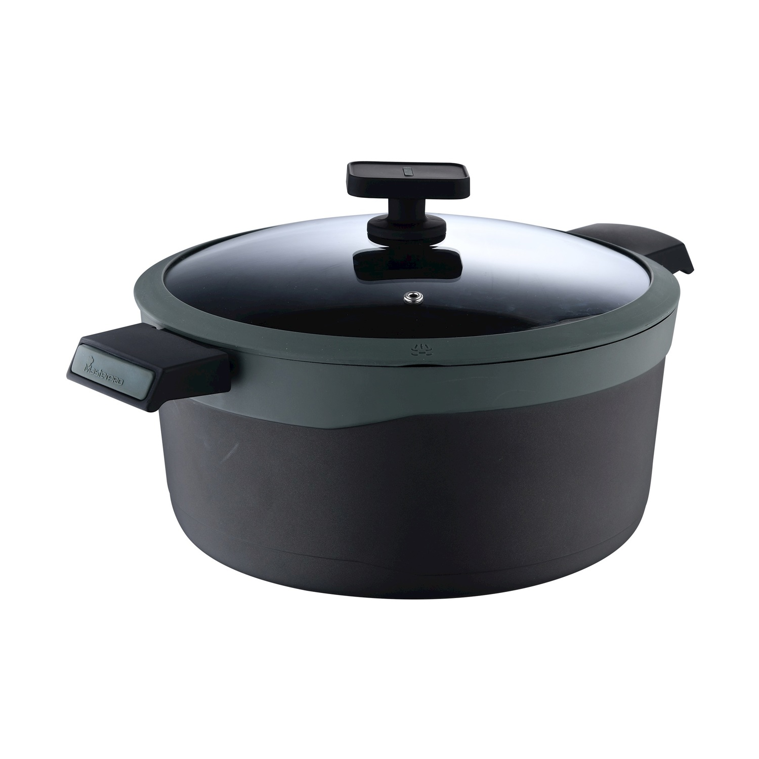 Una olla negra con tapa de cristal y asas negras sobre fondo blanco.