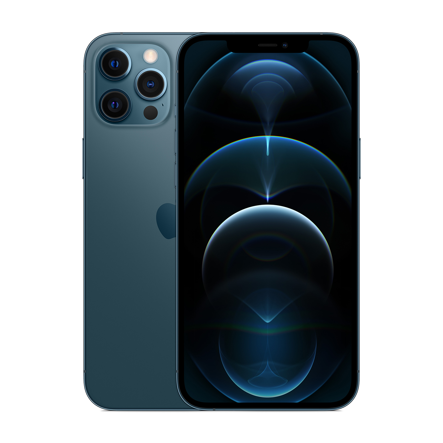 Un iPhone blu con tre fotocamere, mostrato da dietro e da davanti.