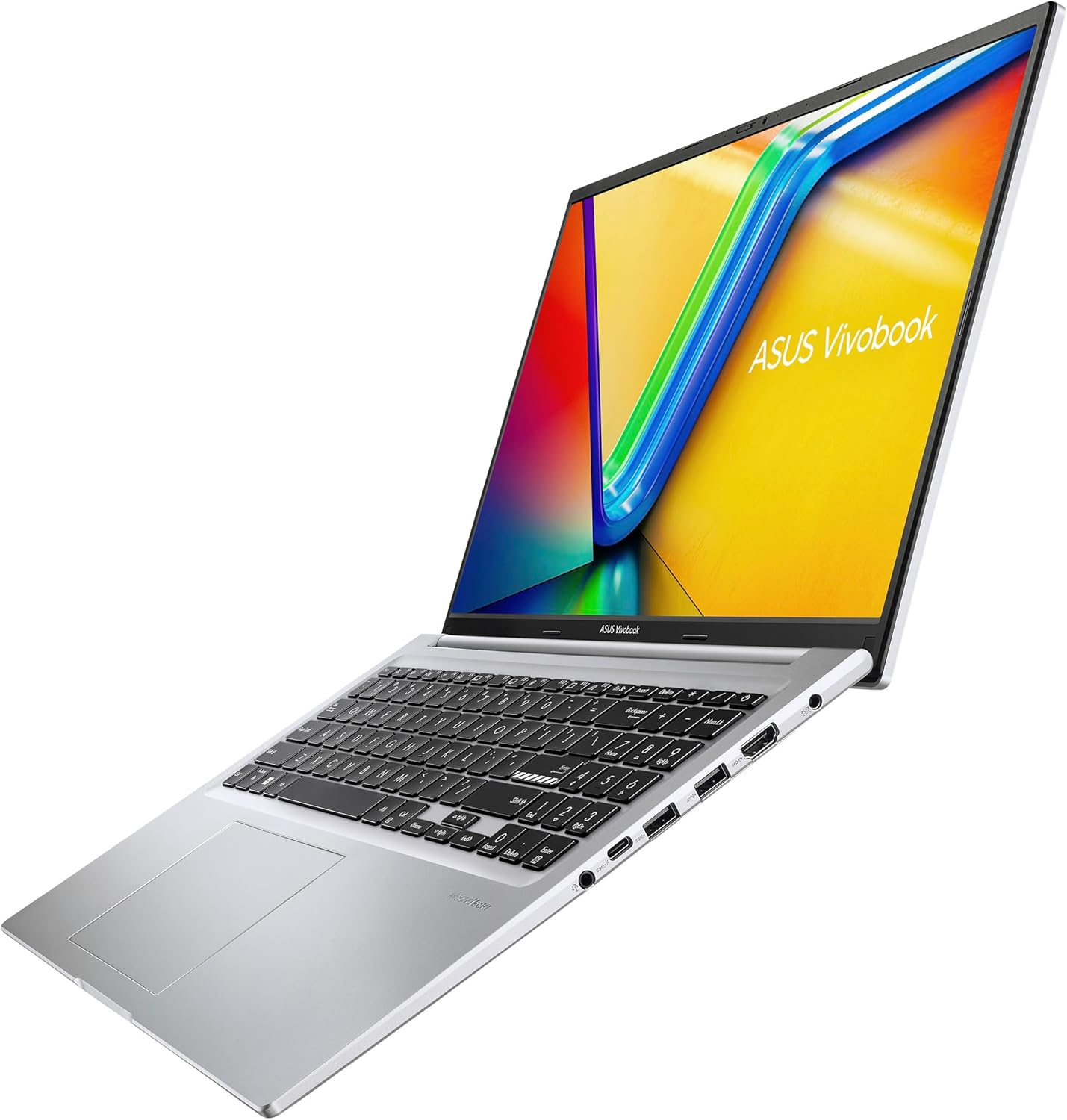 Silberner Asus Vivobook Laptop mit Tastatur, Touchpad und Anschlüssen.