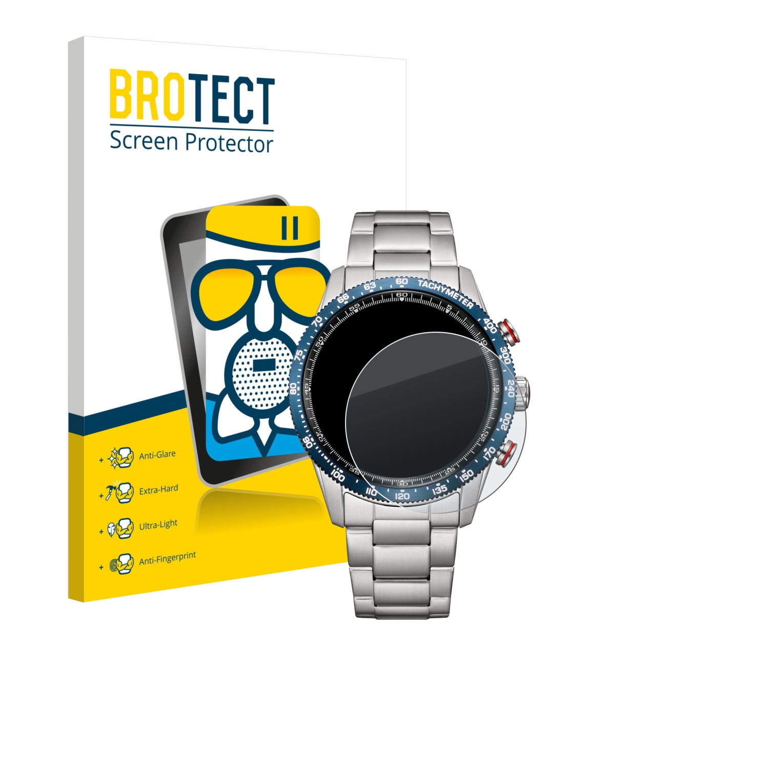 BROTECT Displayschutzfolie neben einer silbernen Smartwatch mit blauem Zifferblatt.