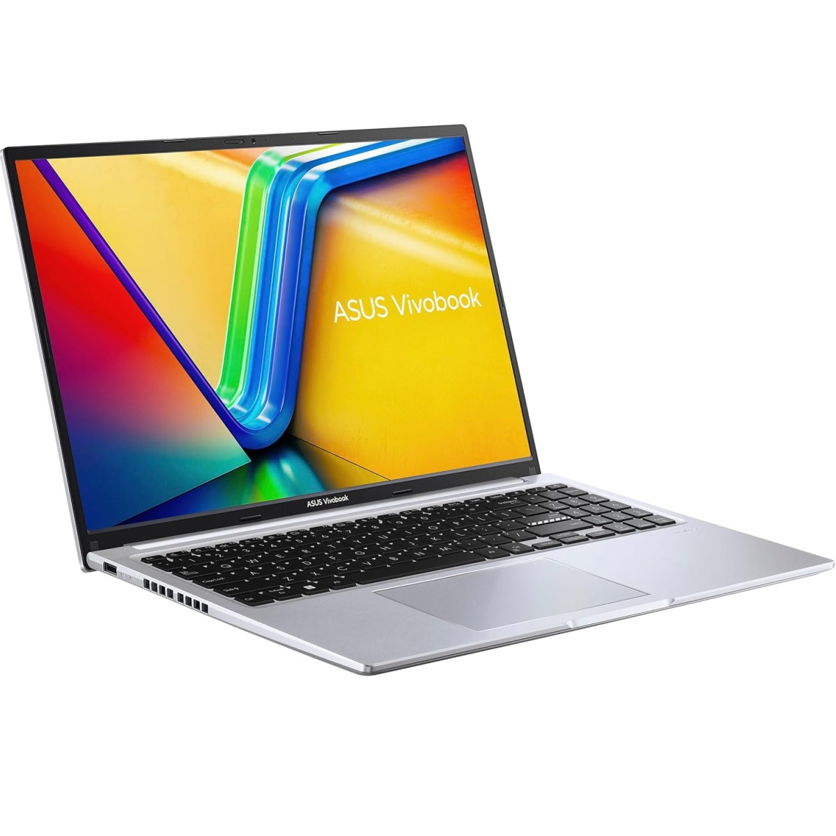 Ein offener silberner Asus Vivobook Laptop mit farbigem Hintergrundbild.