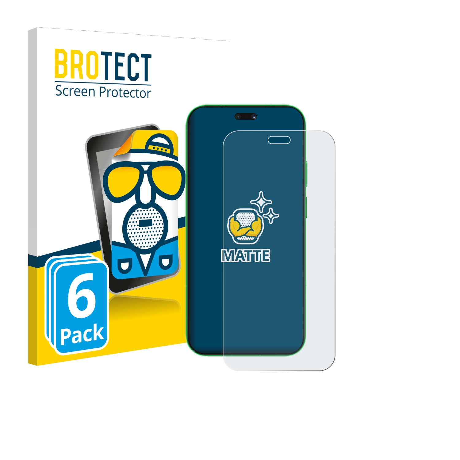 Verpackung mit "BROTECT Screen Protector" Logo, 6er-Pack, und ein Handy mit Schutzfolie.