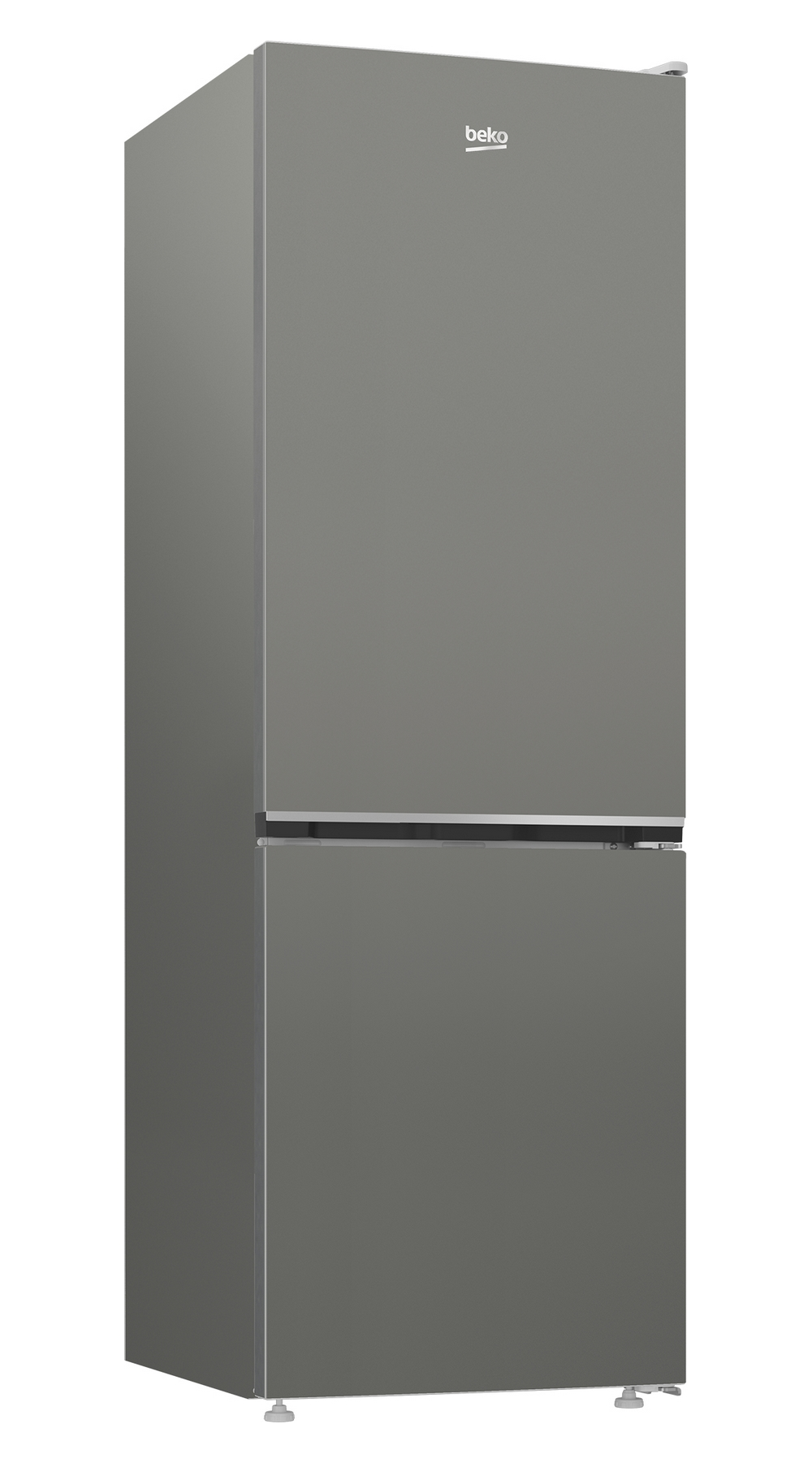 Un frigorifero Beko grigio a due porte con maniglia argentata.