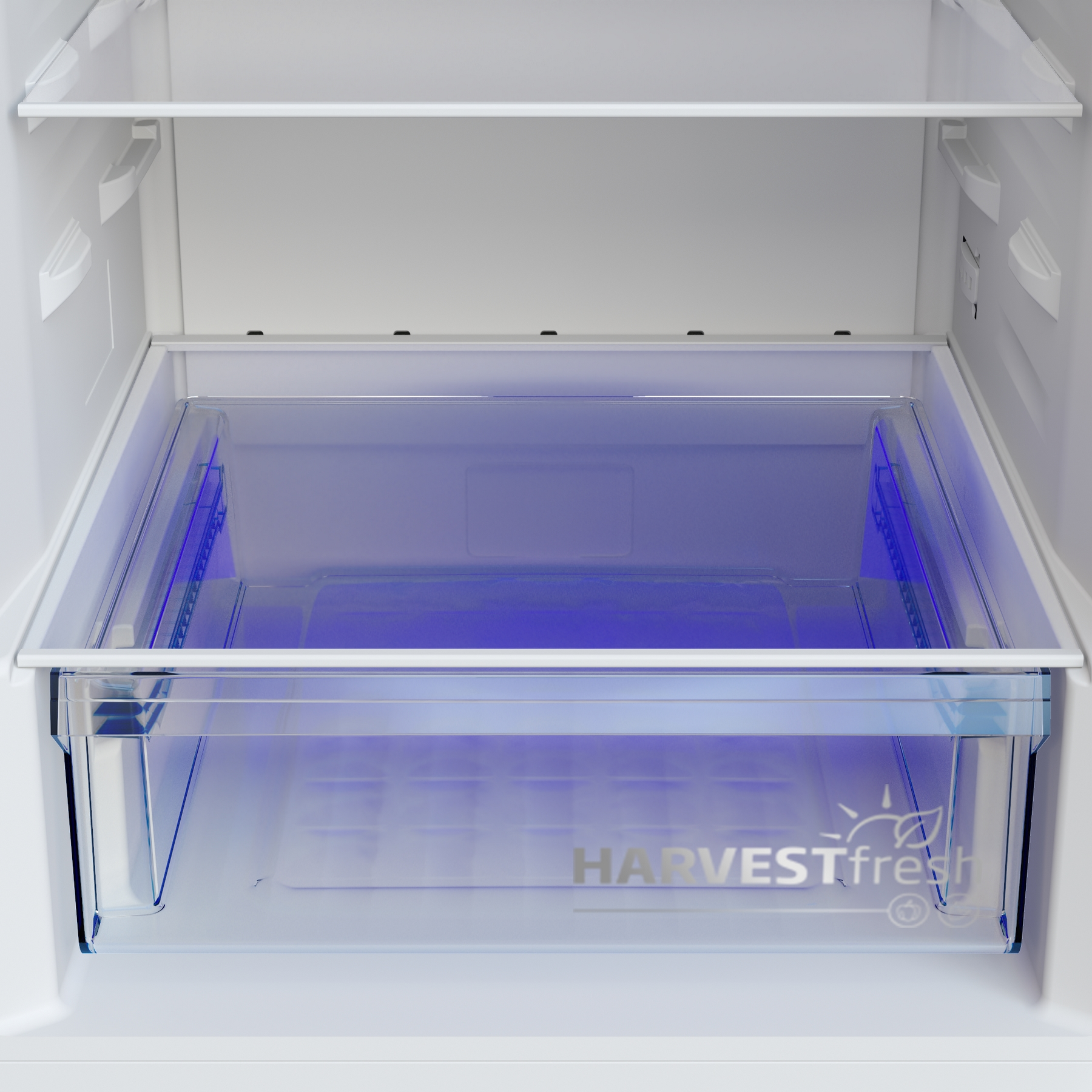 Un cassetto verdure del frigorifero vuoto con illuminazione blu e logo 'Harvestfresh'.