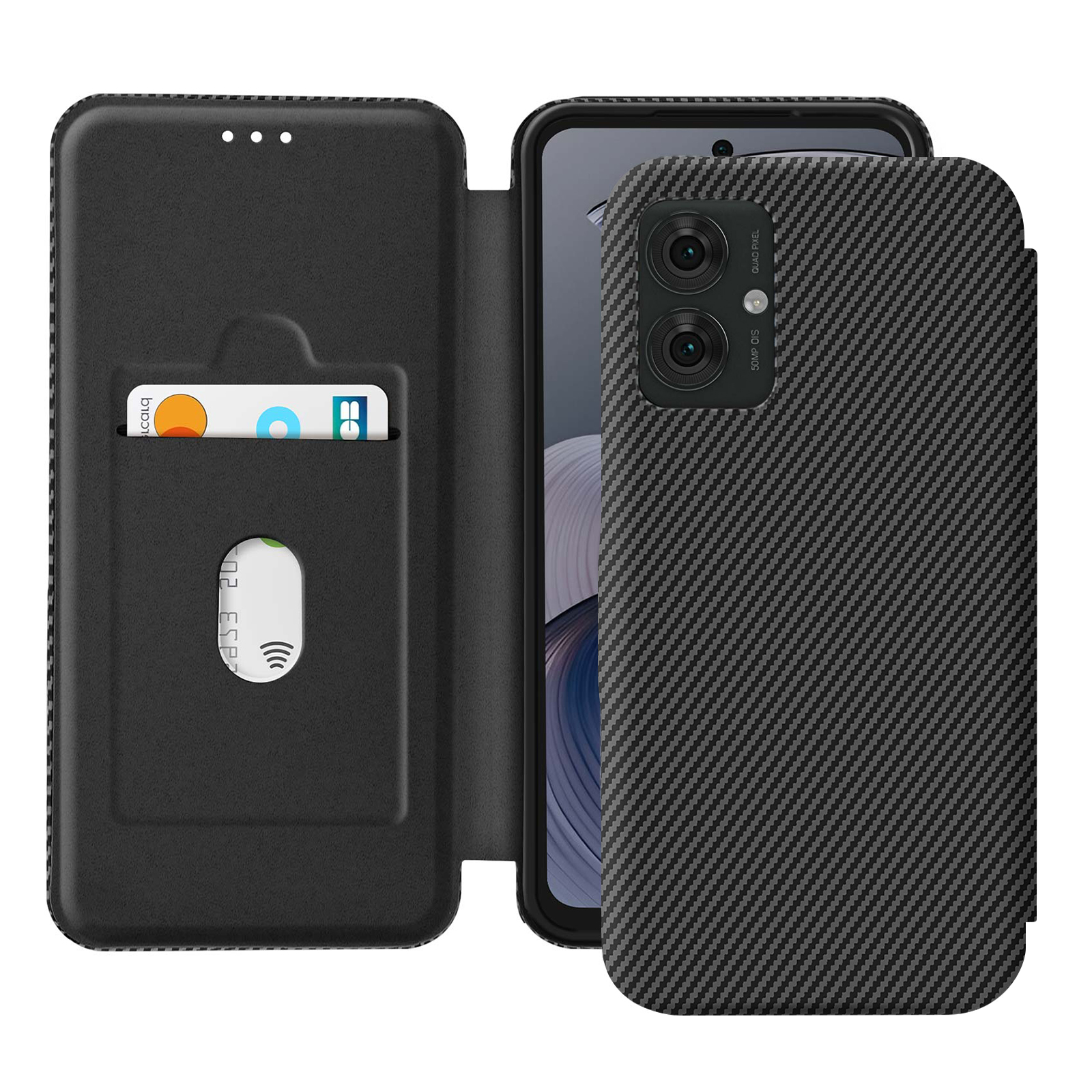Schwarze Handyhülle mit Kartenfach und einem Smartphone mit Carbonmuster.