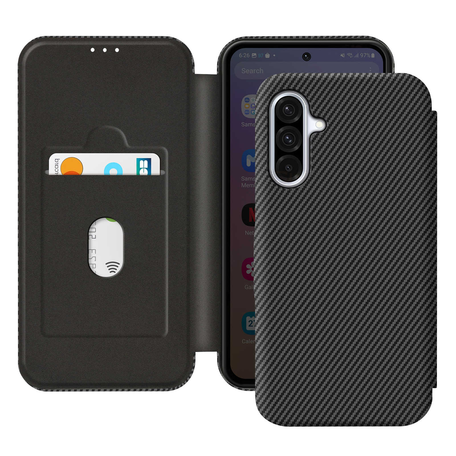 Schwarze Handyhülle im Brieftaschenstil mit Kartensteckplätzen und einem Handy mit Karbonfasermuster.
