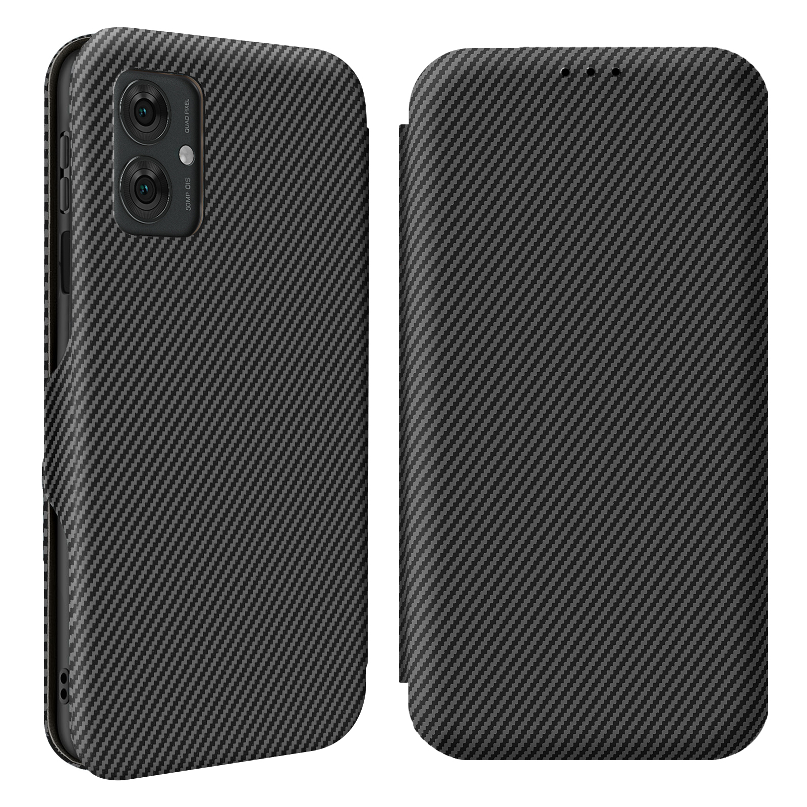 Schwarze Handyhülle mit Carbon-Muster und Kameramodul.