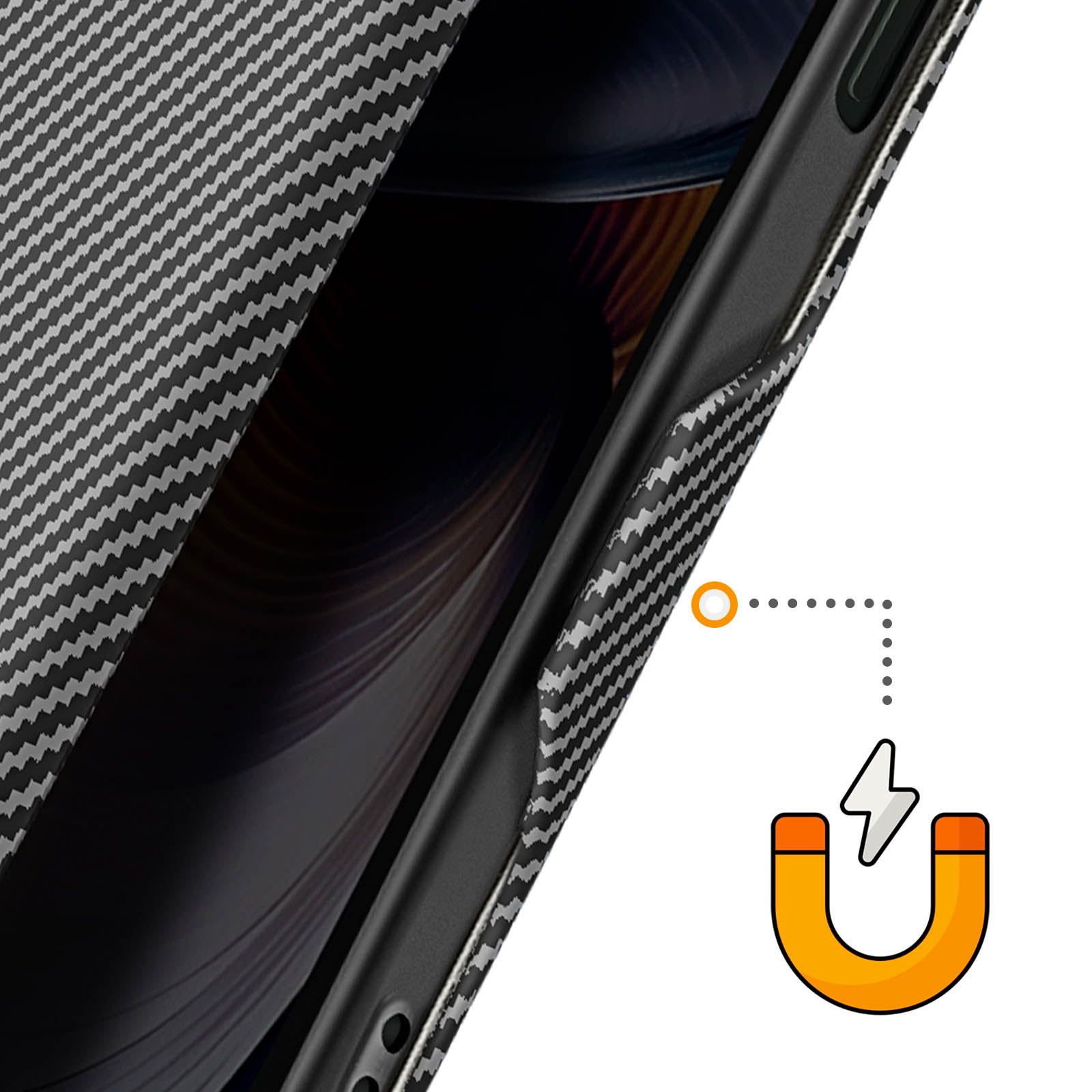 Ein Handy mit Carbonfaser-Hülle und Magnet-Symbol.
