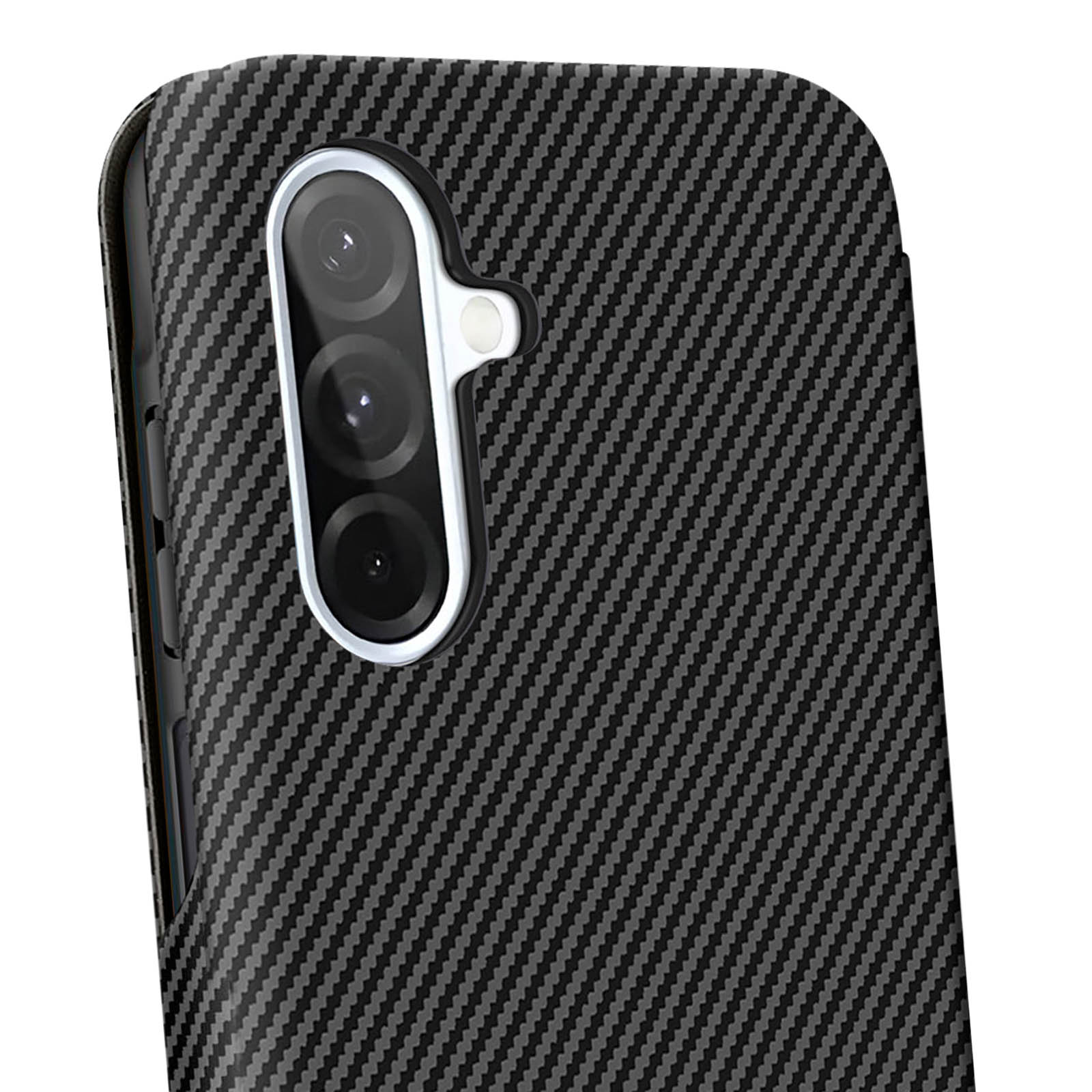 Rückseite eines Smartphones mit Kohlefaser-Muster und Kameralinse.