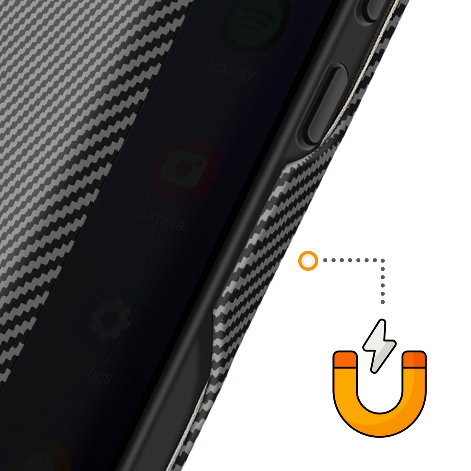 Ein Handy mit Carbon-Muster-Hülle und Magnet-Symbol.