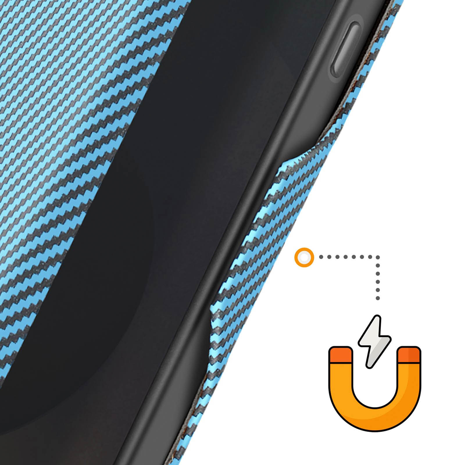 Una cover per telefono con motivo carbonio blu e nero e icona magnete.
