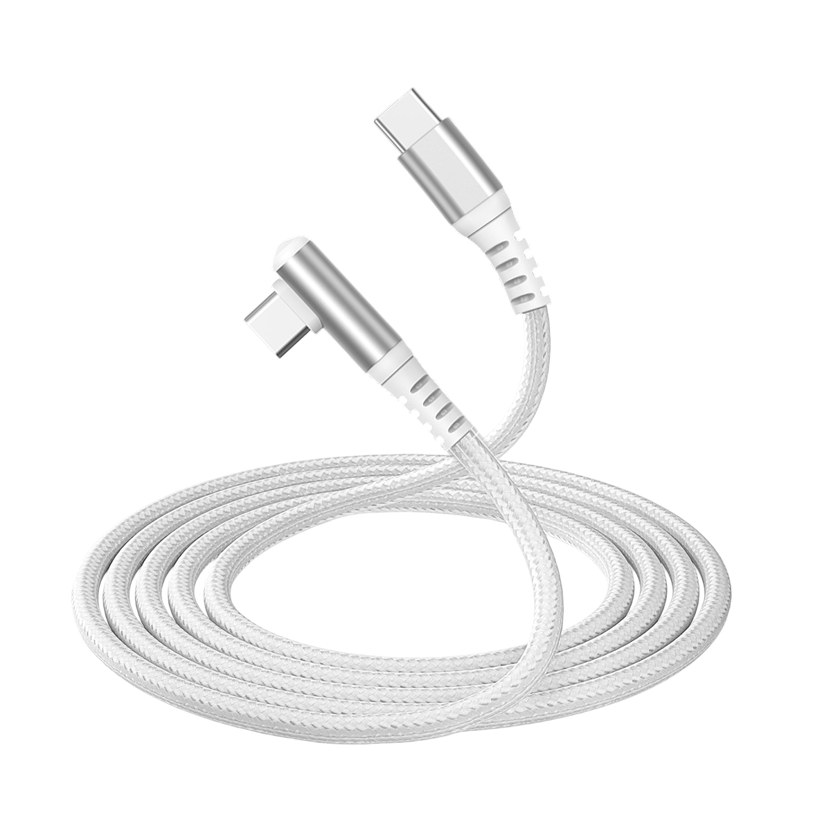 Un cavo USB-C bianco con connettori angolati a 90 gradi su sfondo bianco.