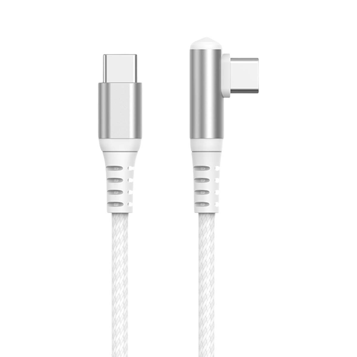 Due cavi USB-C bianchi con connettori argentati, uno dritto, uno angolato.