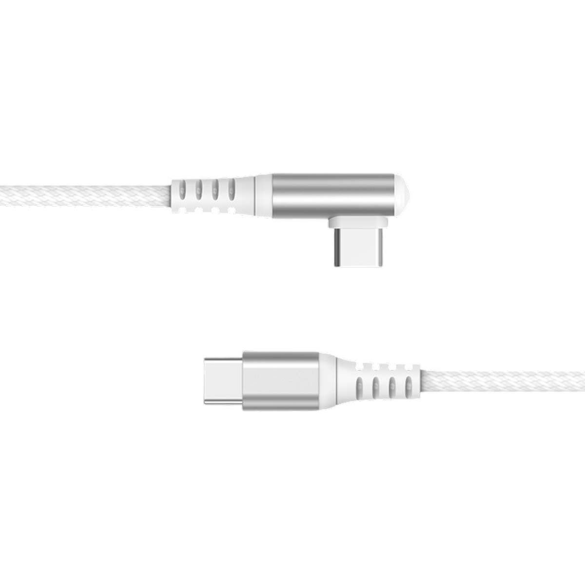 Un cavo USB-C bianco con connettori argentati e un connettore ad angolo retto.