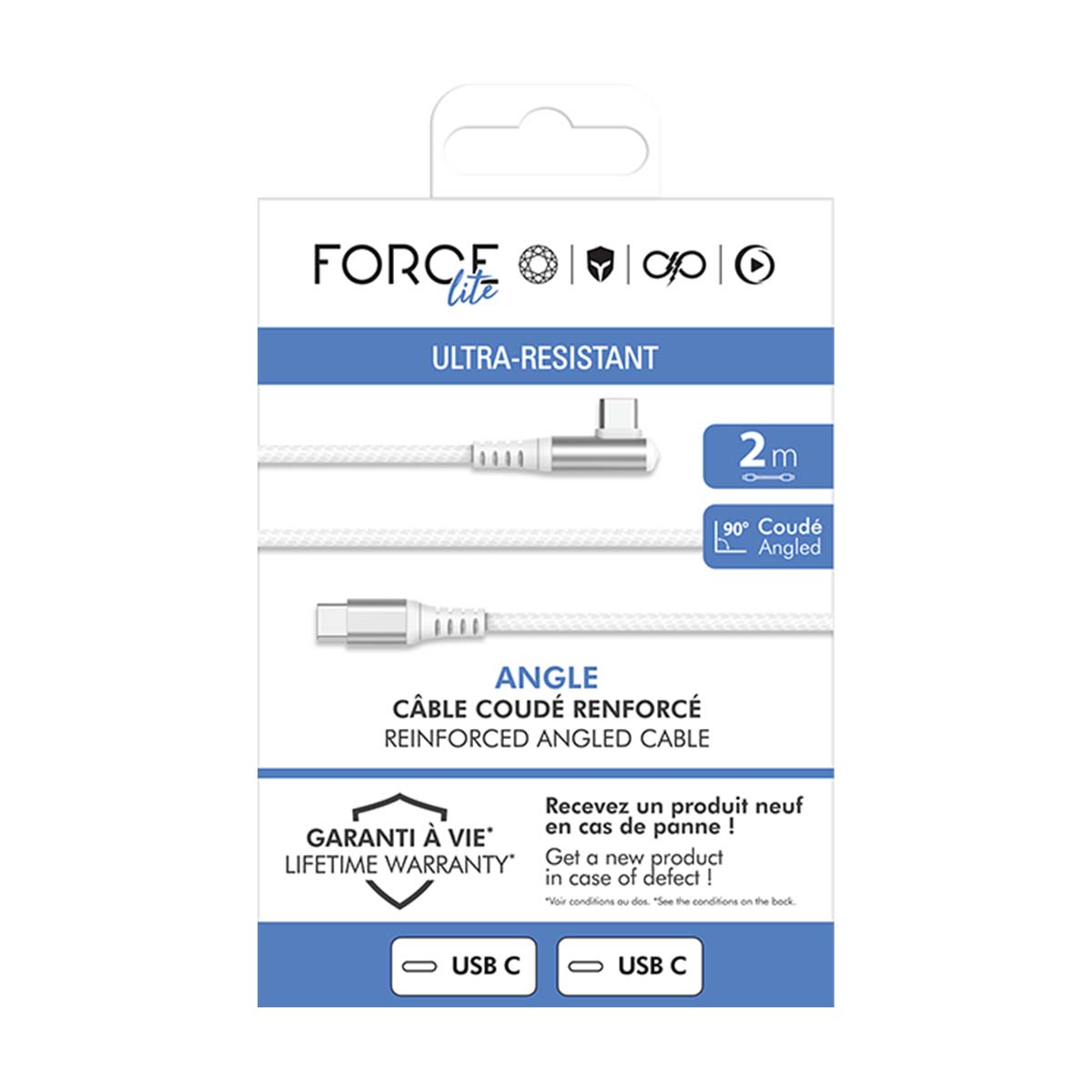 Confezione di un cavo USB-C bianco, rinforzato, da 2m, con angolo di 90 gradi.