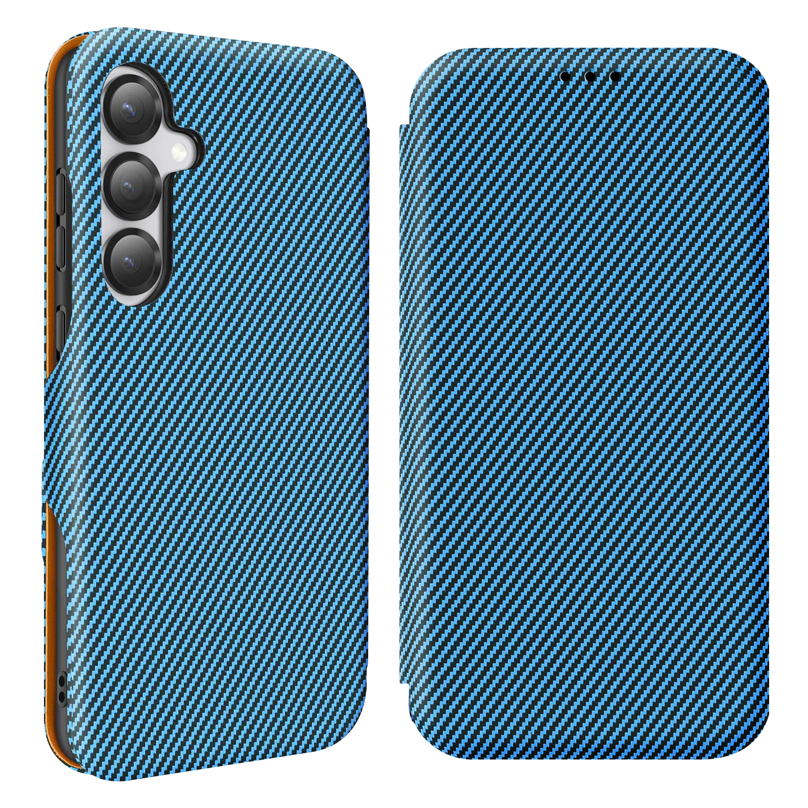 Una cover per telefono blu con motivo in fibra di carbonio nera e lente.