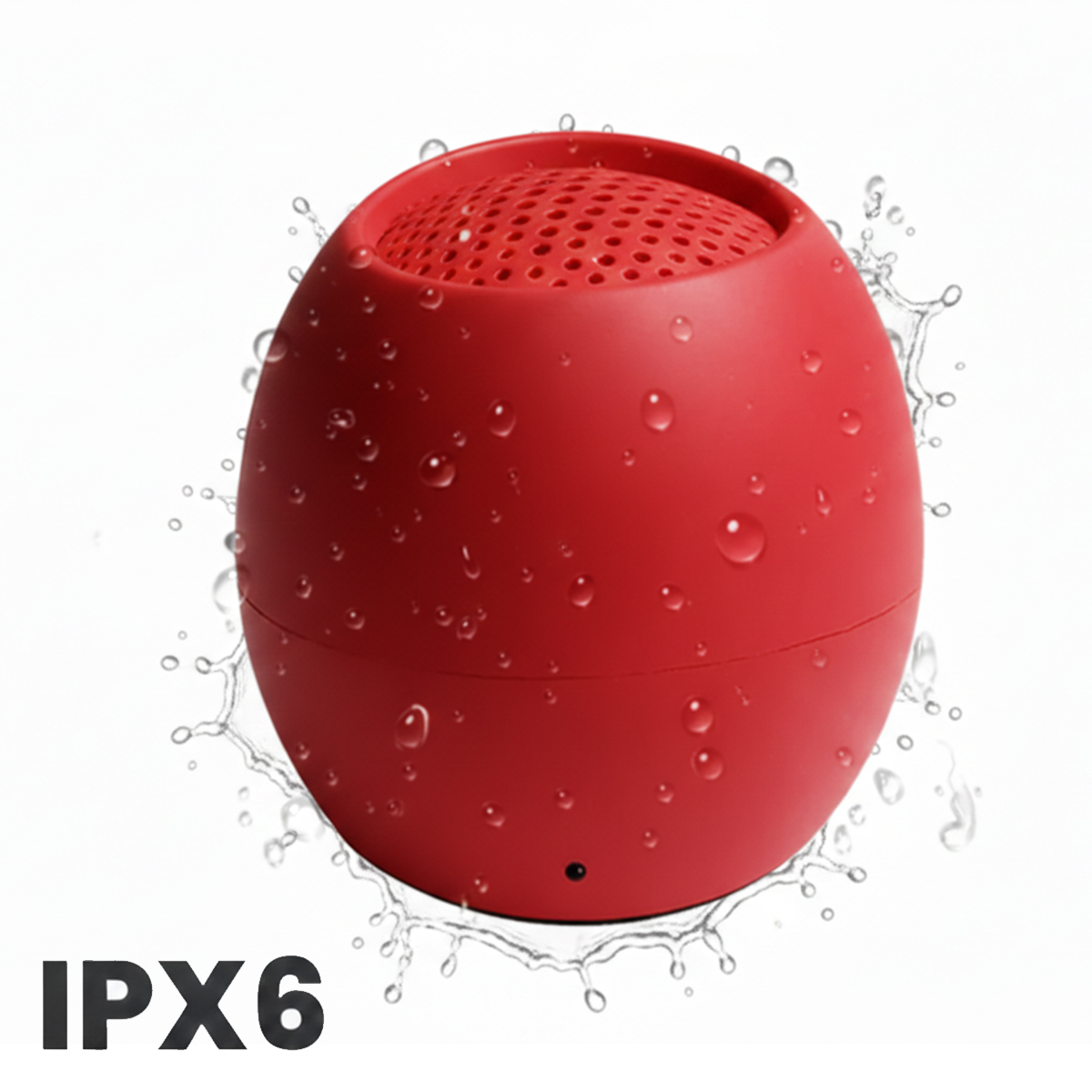 Czerwony, kulisty głośnik pokryty kroplami wody z logo IPX6.