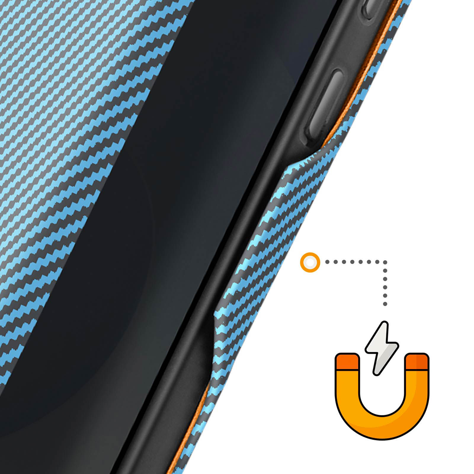 Custodia per telefono blu e nera con icona magnete.